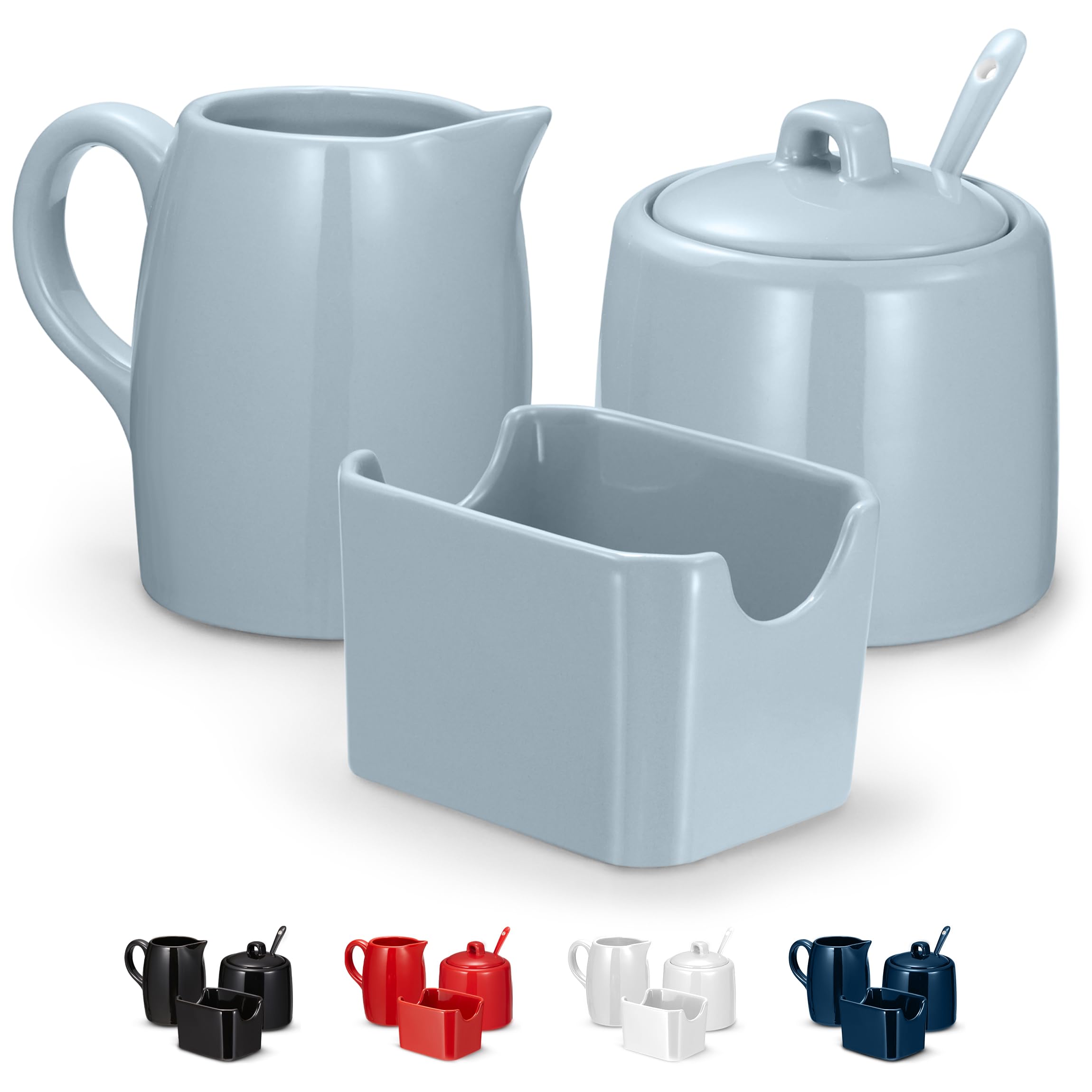 Kook Lot de 3 sucriers, pichet, sucrier avec couvercle et cuillère, support pour édulcorant, bleu casper