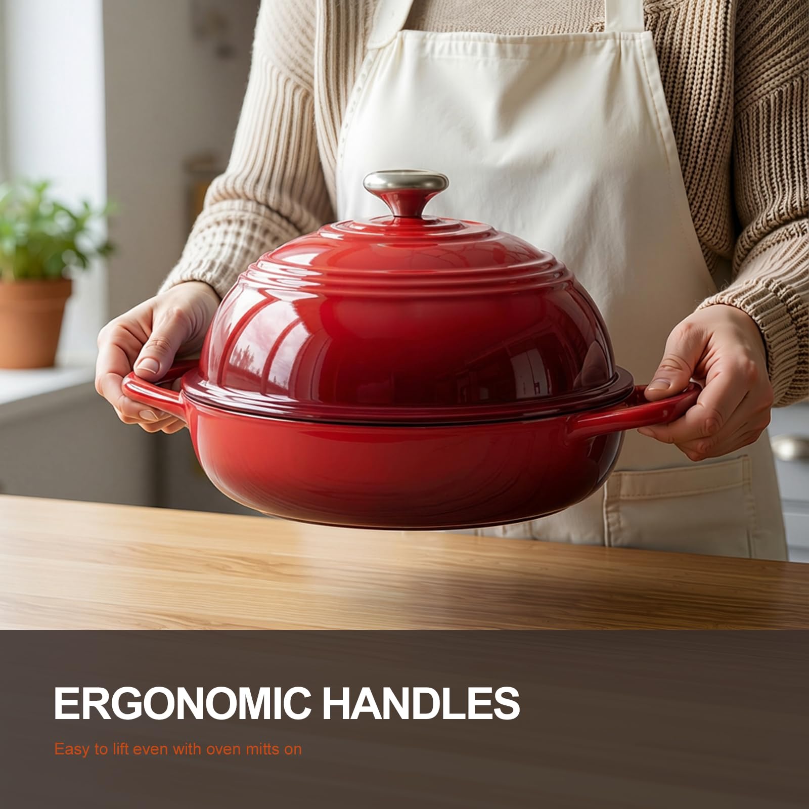 Overmont Pentola in Ghisa Smaltata per Pane - 5.7L Casseruola con Coperchio e Libro di Ricette - Per Cucina, Forno, Cuocere, Stufare e Arrostire - Rosso