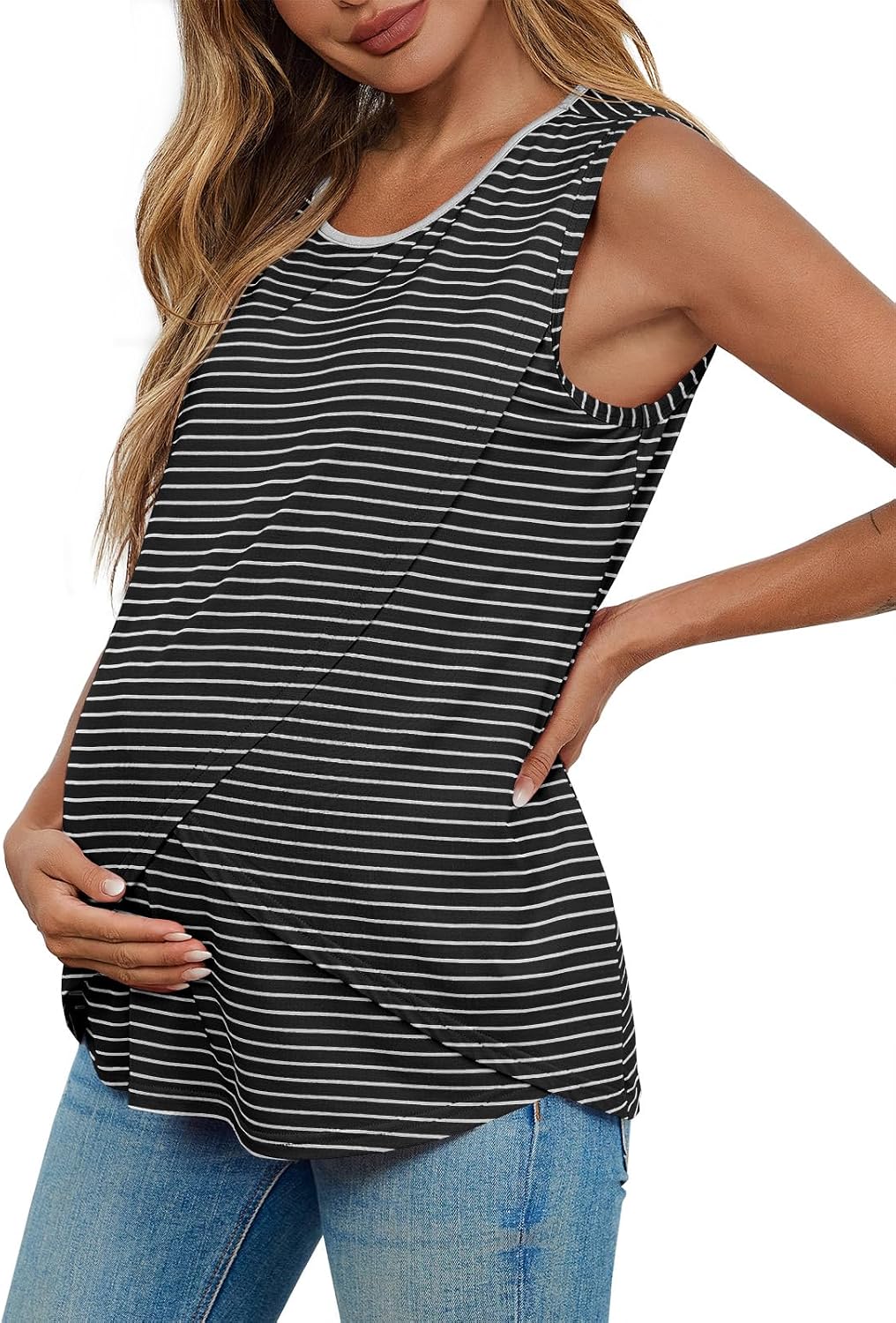 Tankaneo Womens Cross Front Maternity Tank Tops Breastfeeding Round Neck Striped Sleeveless Shirts Summer Pregnancy Clothes
