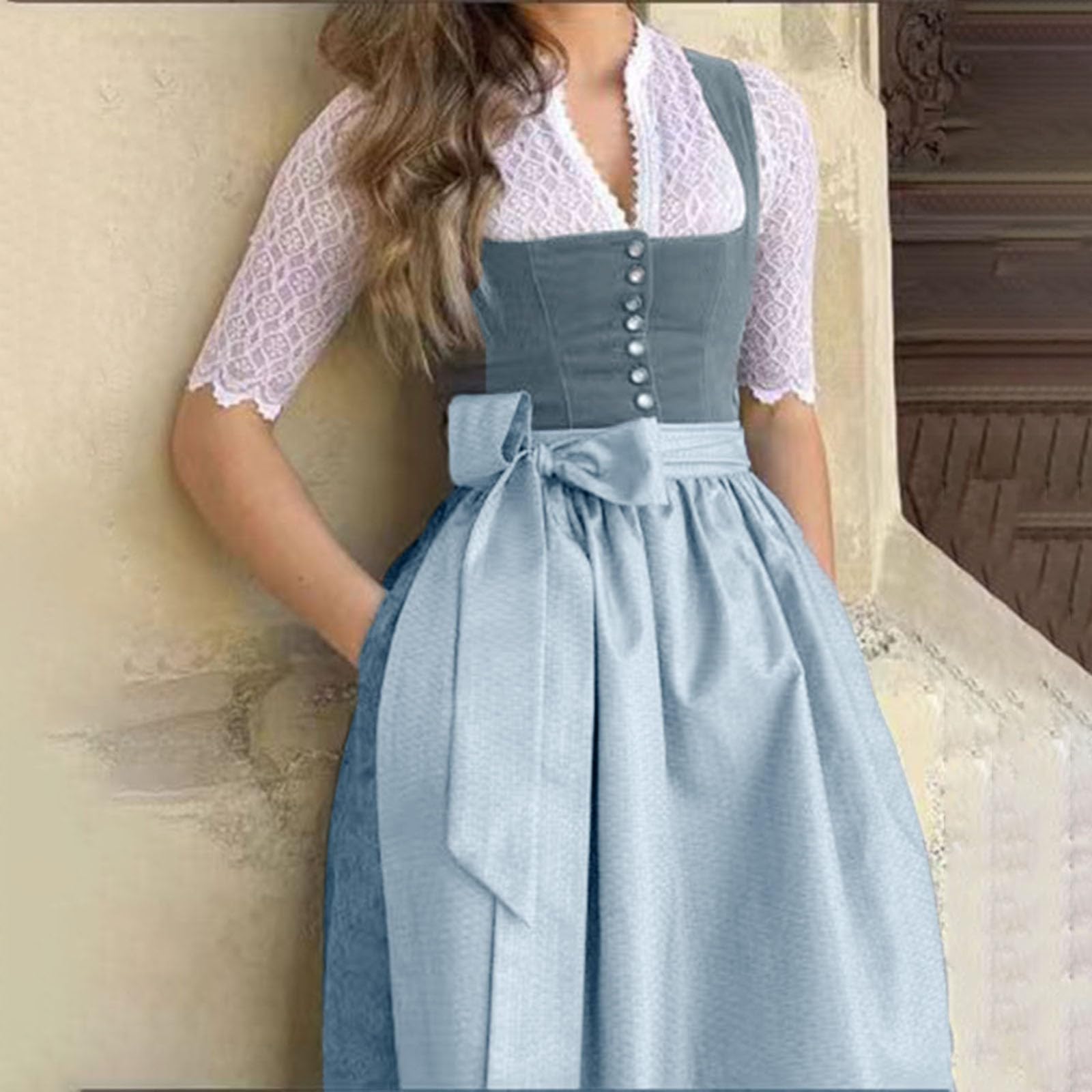 JiJiRuDU Dirndl Damen Lang Trachtenkleid mit Schürze Trachtenmode für Oktoberfest Dirndlkleid