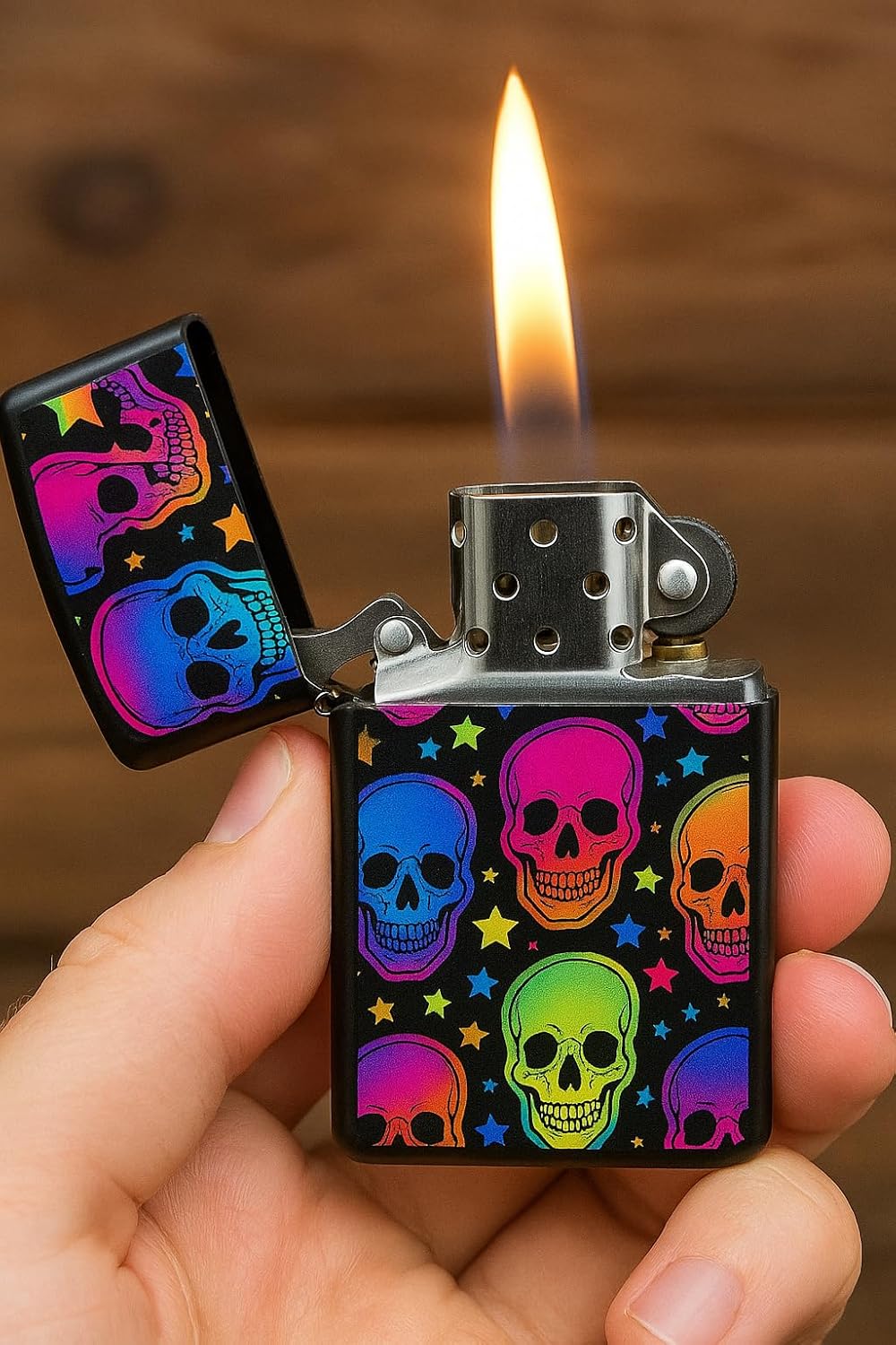 Glow in The Dark Full Wrap Printed Zippo Lighters (Vivid Skulls and Stars)