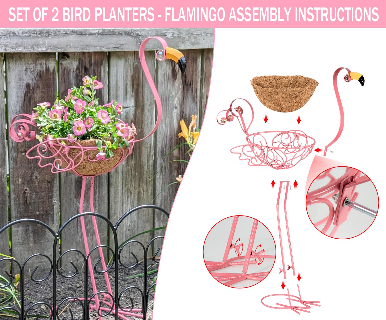 Fioriere in metallo a forma di fenicottero, set di 2 vasi rosa a forma di fenicottero per fiori e piante con cestino per decorazione di interni ed esterni giardino cortile terrazza veranda