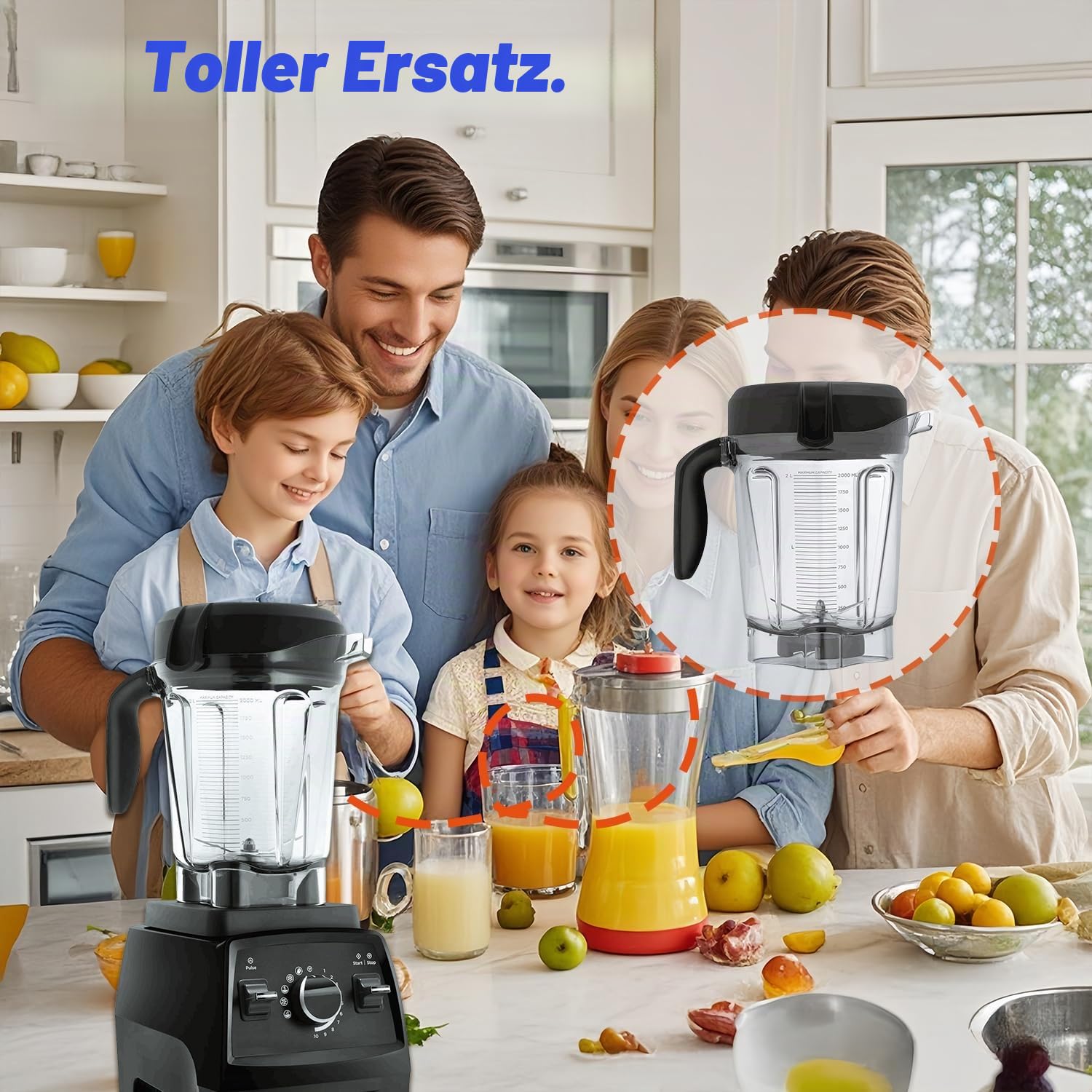 Verbesserter Vitamix-Krug mit 1,8 l niedrigem Profil, kompatibel mit Vitamix Mixbecher 750, 7500, 5200, 5000, 6300, A3500, vm0102, vm0103, vm0197, E310, mit 2 Reinigungsbürsten