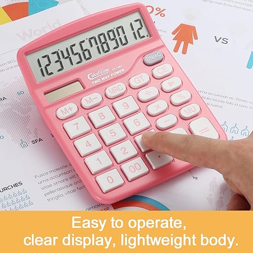 Miniatura 6 de Calculadora, 12 Dígitos Rosa Calculadoras de Escritorio Pantalla Grande LCD y Botón Grande Dual Solar y Funciona con Batería Funciones Estándar