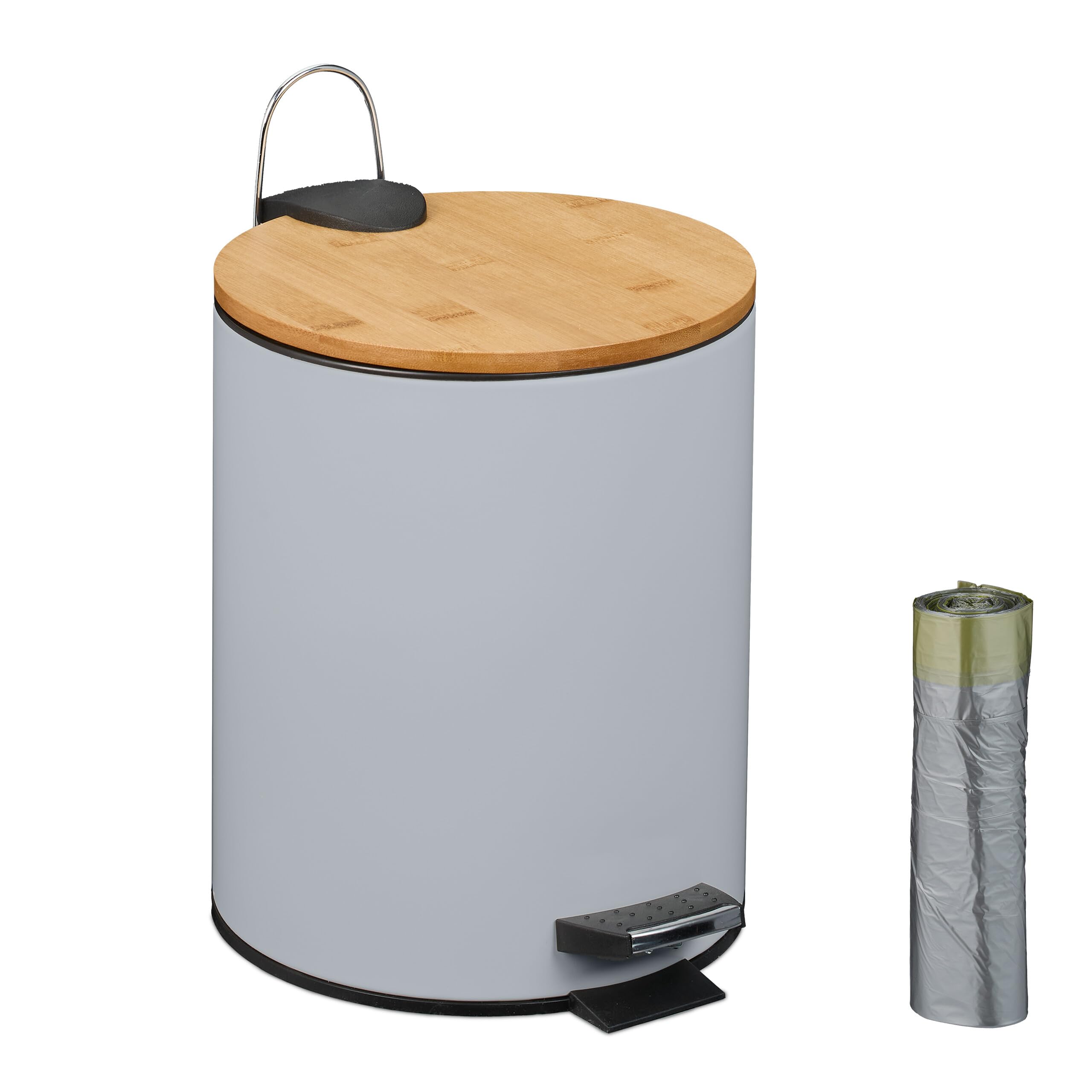 Relaxdays Bathroom Pedal Bin, 5L, Soft-Close Lid, Removable Inner Bucket, Metal, Bamboo Lid, Sanitary Disposal, Grey