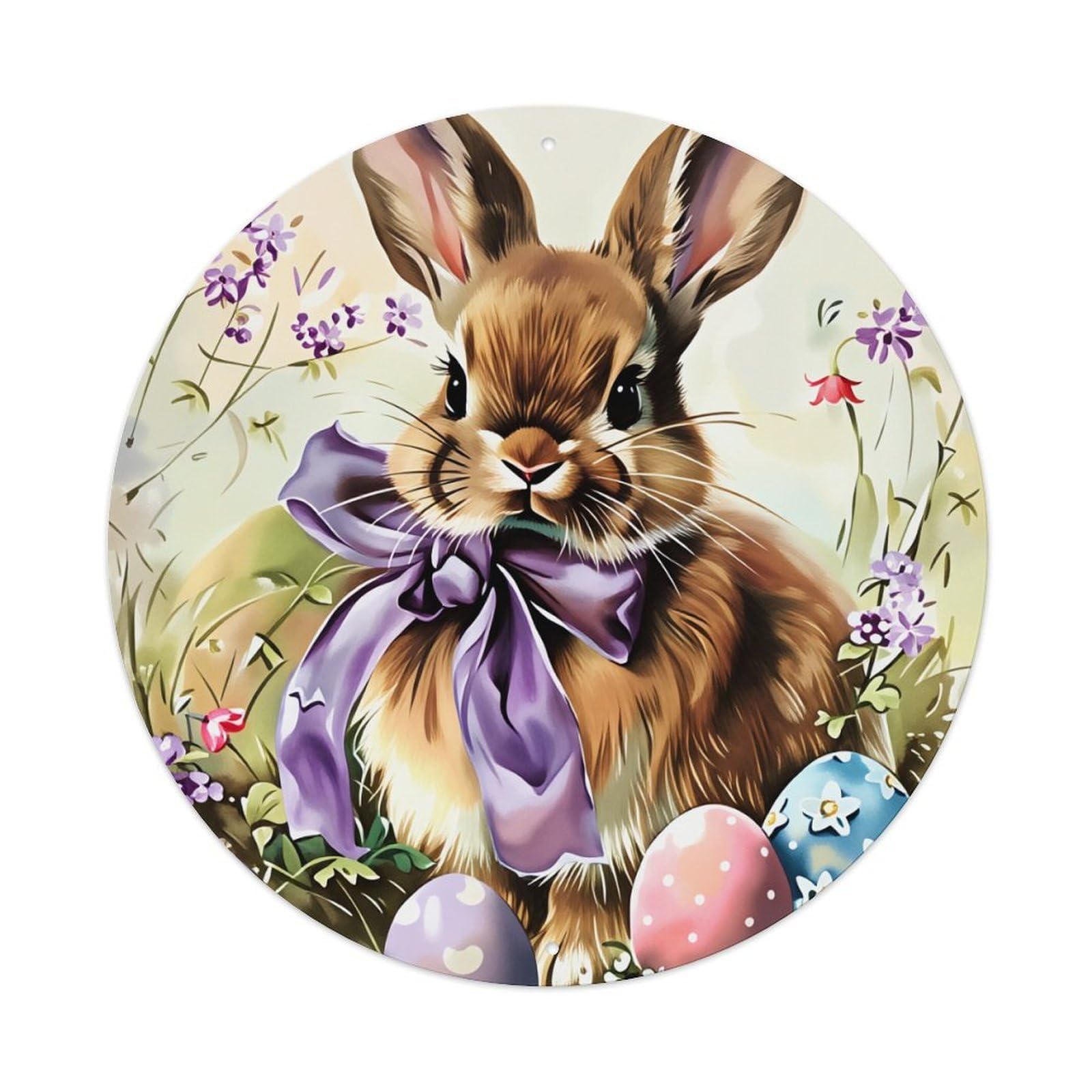 Easter Bunny With Eggs And Flowers Round Tin Sign Vintage Metal Poster, Home Bar Garage Man Cave Cafe Indoor & Outdoor Wall Decoration 8x8Inches