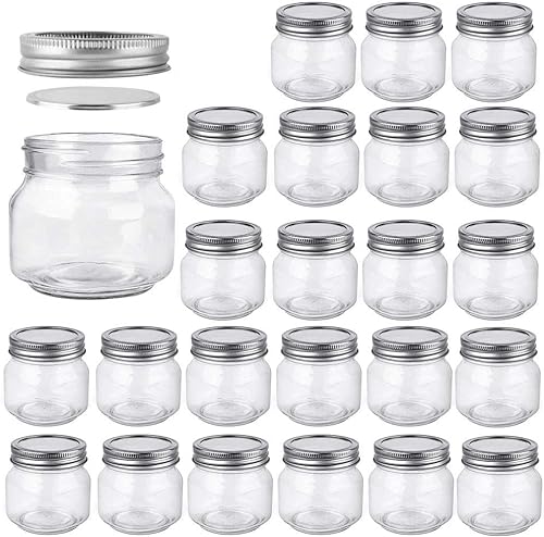Betrome Tarros Mason de 8 onzas, paquete de 24 tarros de vidrio de 8.1 fl oz con tapas de boca regular, tarros de vidrio para almacenamiento de