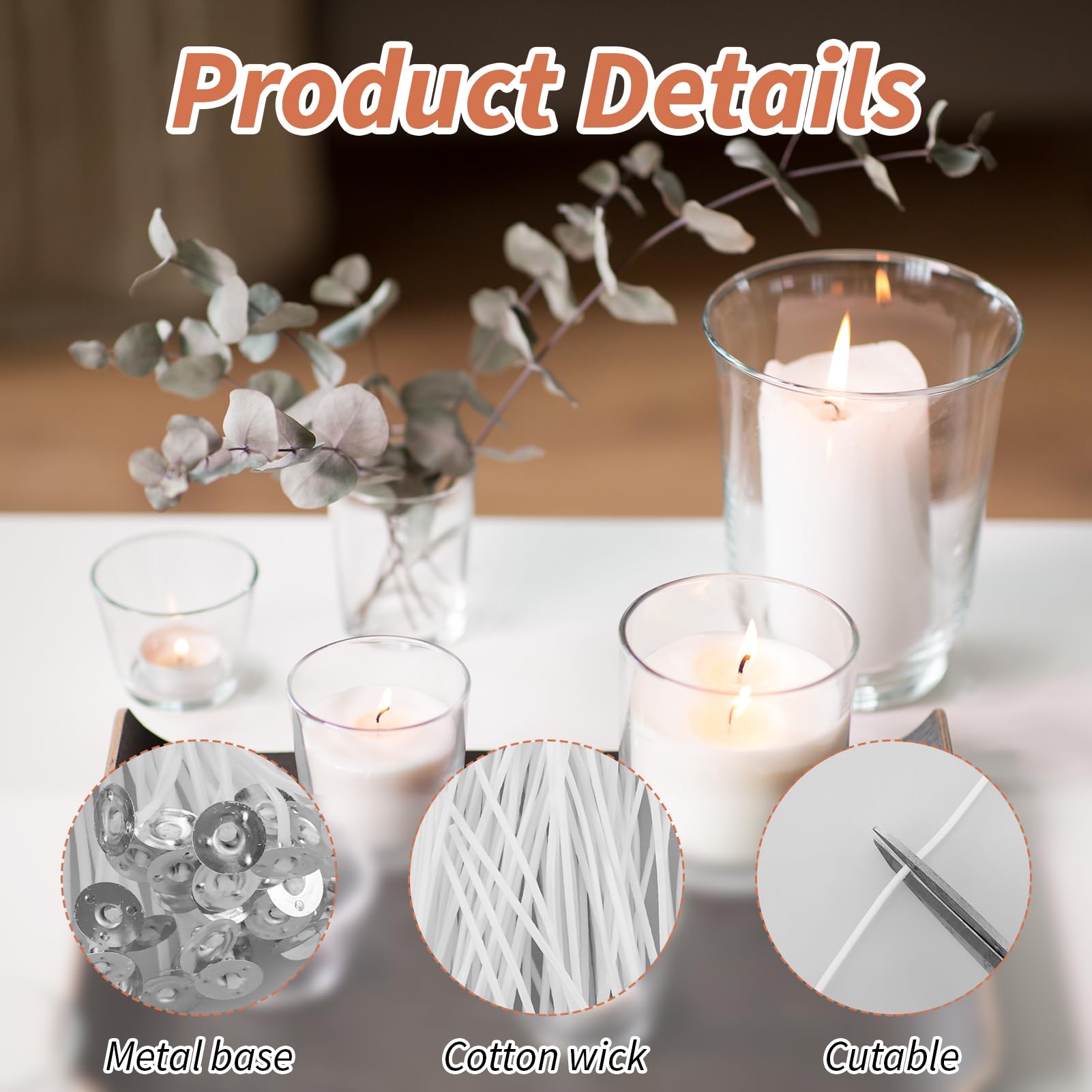 Mechas para velas, 200 unidades, mechas para velas, 5 cm/10 cm/15 cm/20 cm, mechas naturales para velas con soporte para mecha de madera y adhesivo de doble cara, para fabricación de velas, incluye