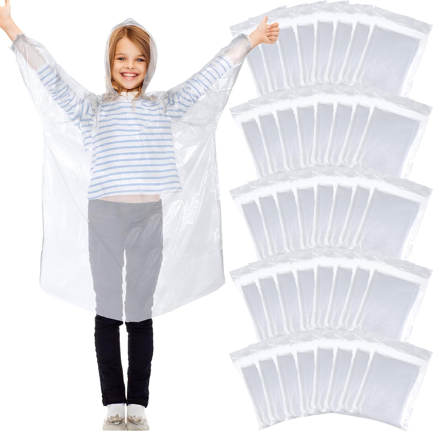 Berlune 40 Pcs Kid Ponchos Bulk Disposable Kids Rain Ponchos Bulk Emergency Raincoat with Elastic Sleeves(Clear)