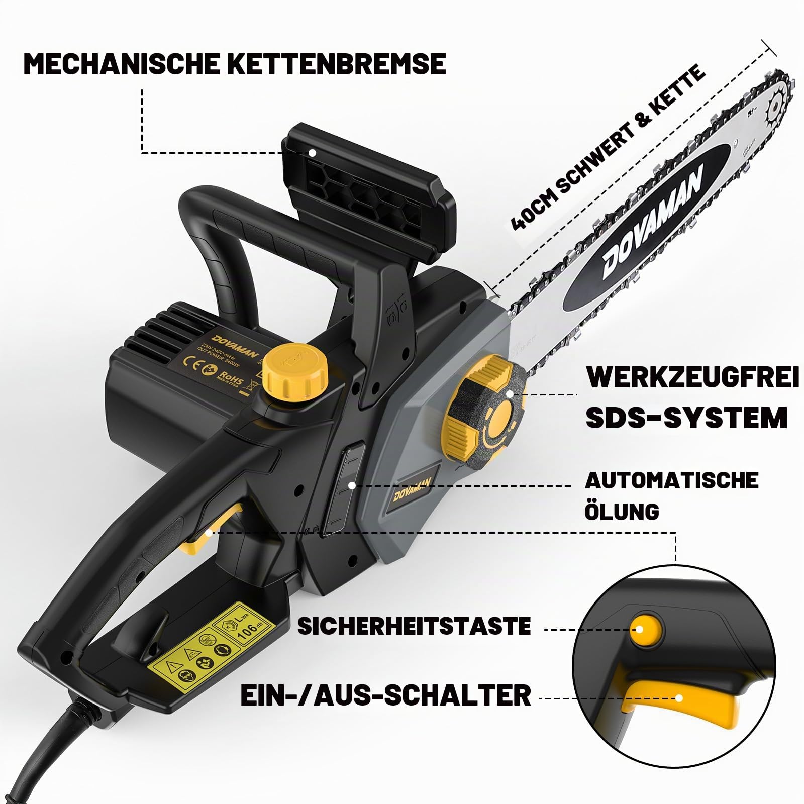 DOVAMAN 2400W Elektro Kettensäge, 40cm Oregon Schwert und Kette, werkzeuglose Kettenspannung, 15m/s, Rückschlagschutz, inkl. 2 Ketten, Kettensäge ideal für Brennholz, Garten und Baumschnitt - DCS01A