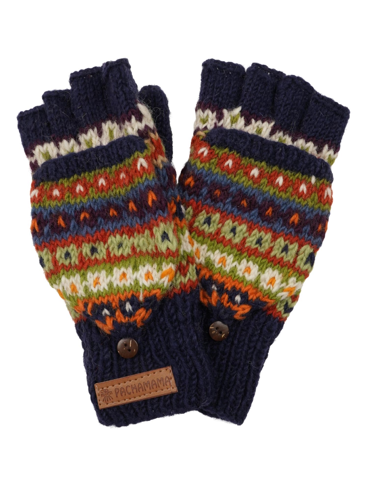 Pachamama Women's Blue, Multicoloured Wool Fingerless Glove Mittens Handknitted Flecked Stripe Blue Multicoloured One-Size Handmade Extra Warm Fair Trade