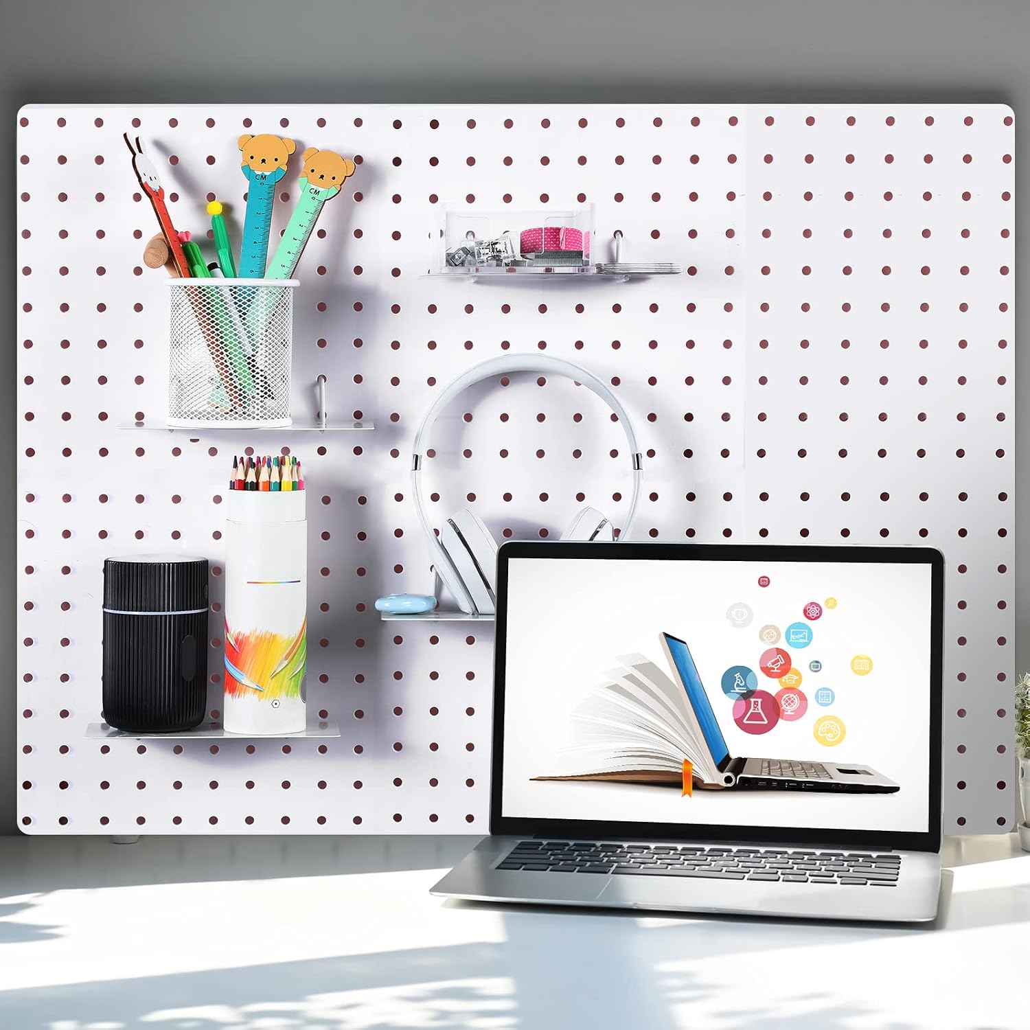 Funrous 4 Pack Pegboard Shelves, Peg Board Accessories,10 x 4 Inch,White | Wall Storage Organizer with Steel Tray, Durable Shelf Brackets, Adds Space for Tools, Crafts, Garage and Workshop Supplies
