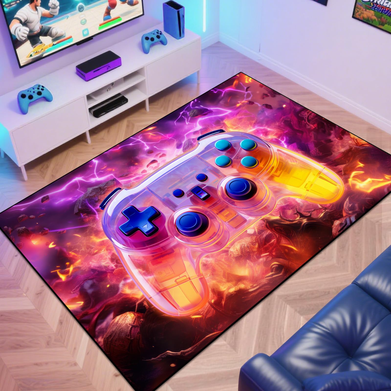 Gaming Area Rug Teen Boys Carpet, 3D Transparent Gamepad Background Game Controller Design for Game Room, Boys Girls Bedroom Playroom, Living Room (