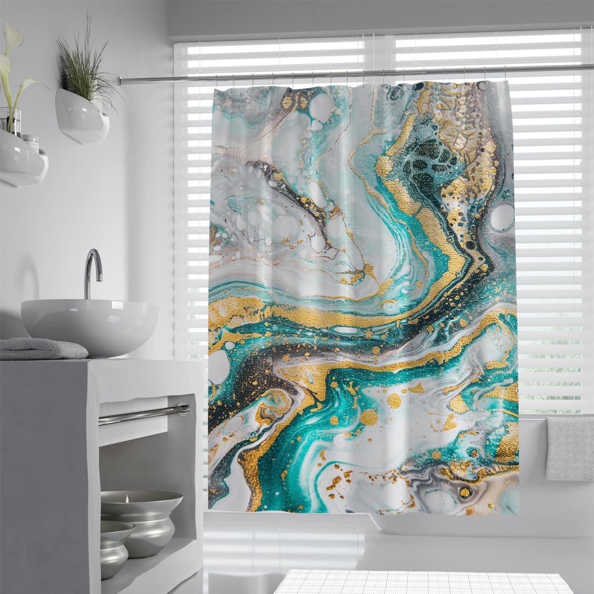 UIRINGART Marble Shower Curtain W150xL200cm Luxury Teal Turquoise Agate Gold Foil Texture Swirls Anti Mould Machine Washable Polyester Fabric Apartment Bath Curtains