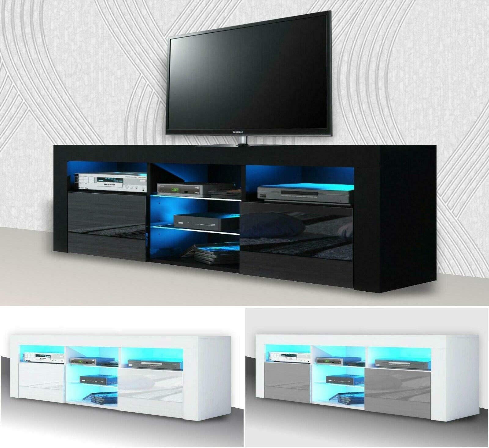Hampton&Stewart TV Unit Cabinet TV Stand Sideboard Matt Body & High Gloss Doors LED Light (White Body White Doors)