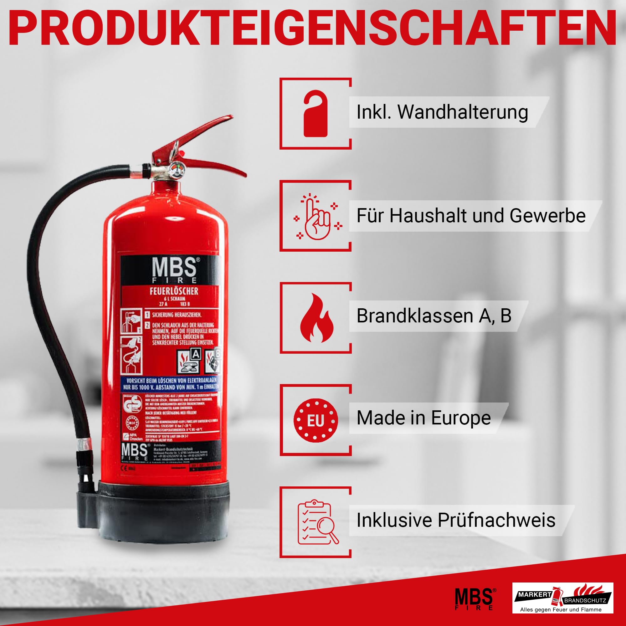 2X MBS FIRE Schaum Feuerlöscher 6L mit Manometer inkl. Instandhaltungsnachweis 27A 183B