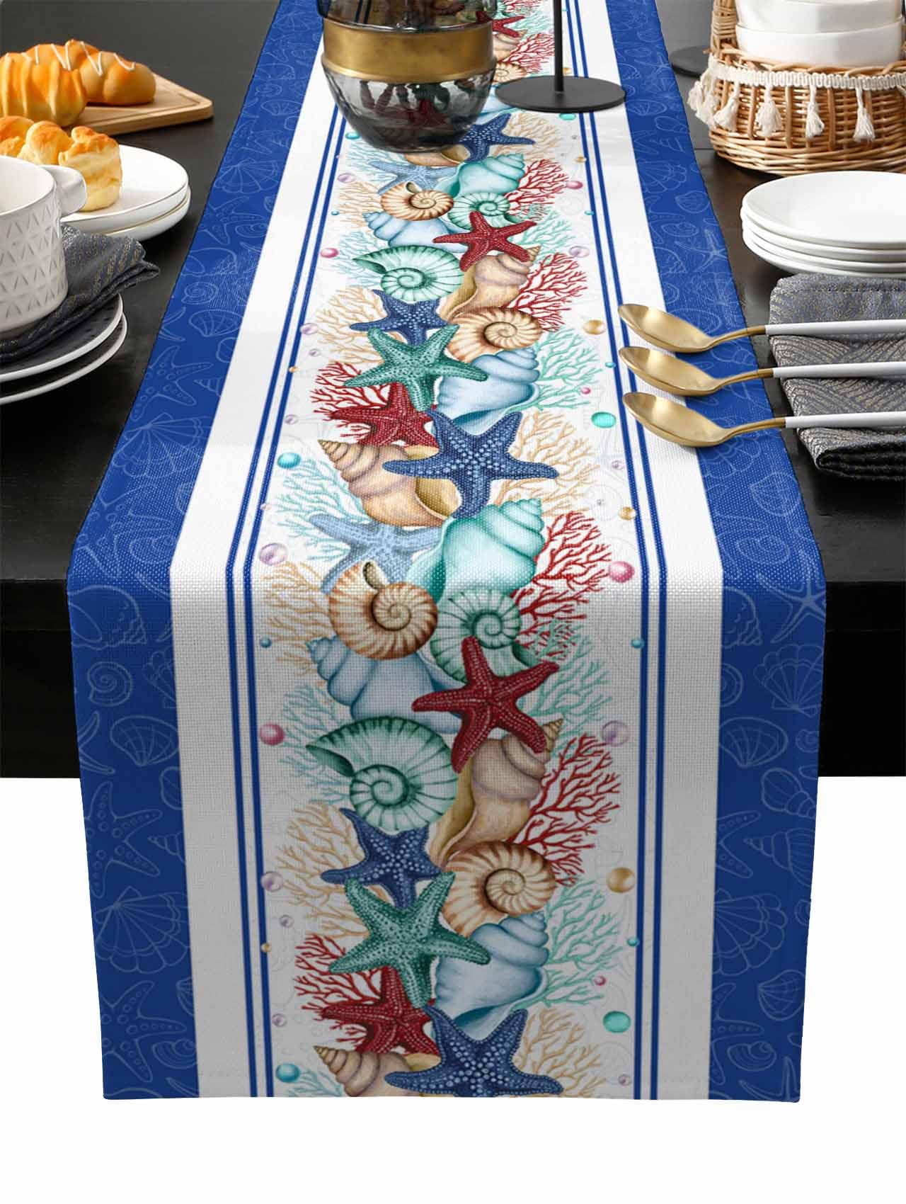 Chemin de table côtier bleu marine en coton et lin de 228 cm pour repas d'été