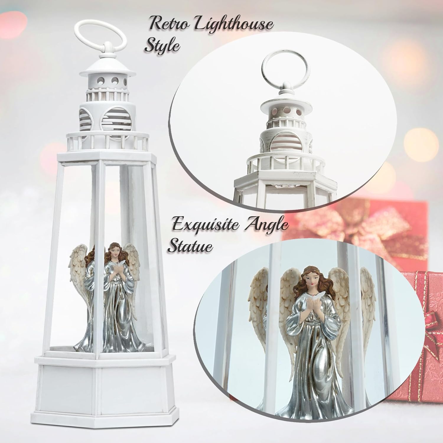 13.5'' Christmas Angel Snow Globe, White Retro Lighthouse Musical Lighted Water Lantern, Decoration with Swirling Glitter, USB Powered and Battery Operated, Xmas Home Décor Gift