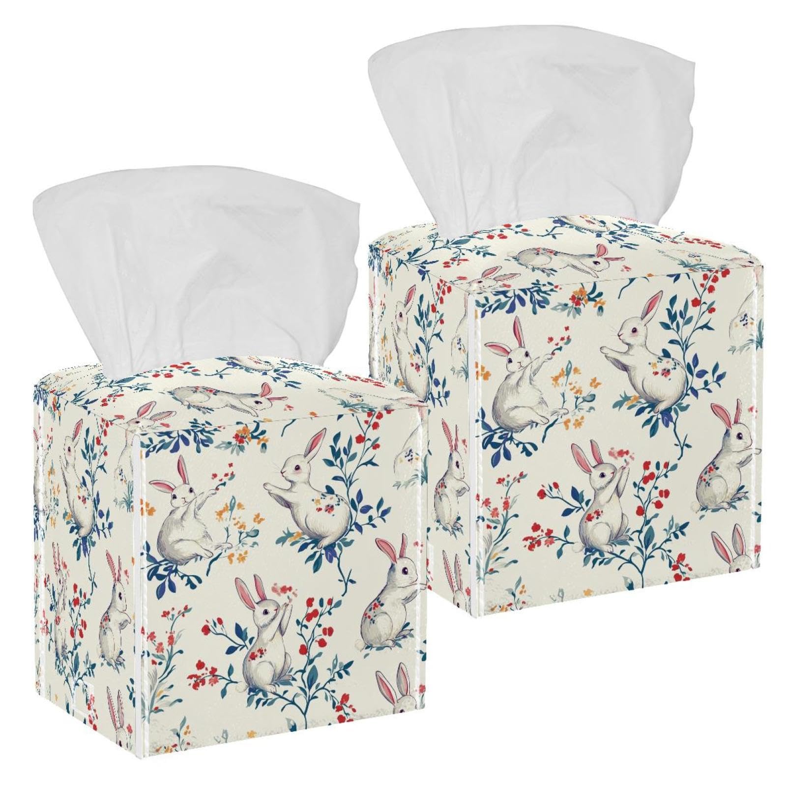 Rabbit and Flowers Tissue Box Cover, 2 Pack PU Leather Square Facial Tissue Dispenser Box holder for Home Office Car