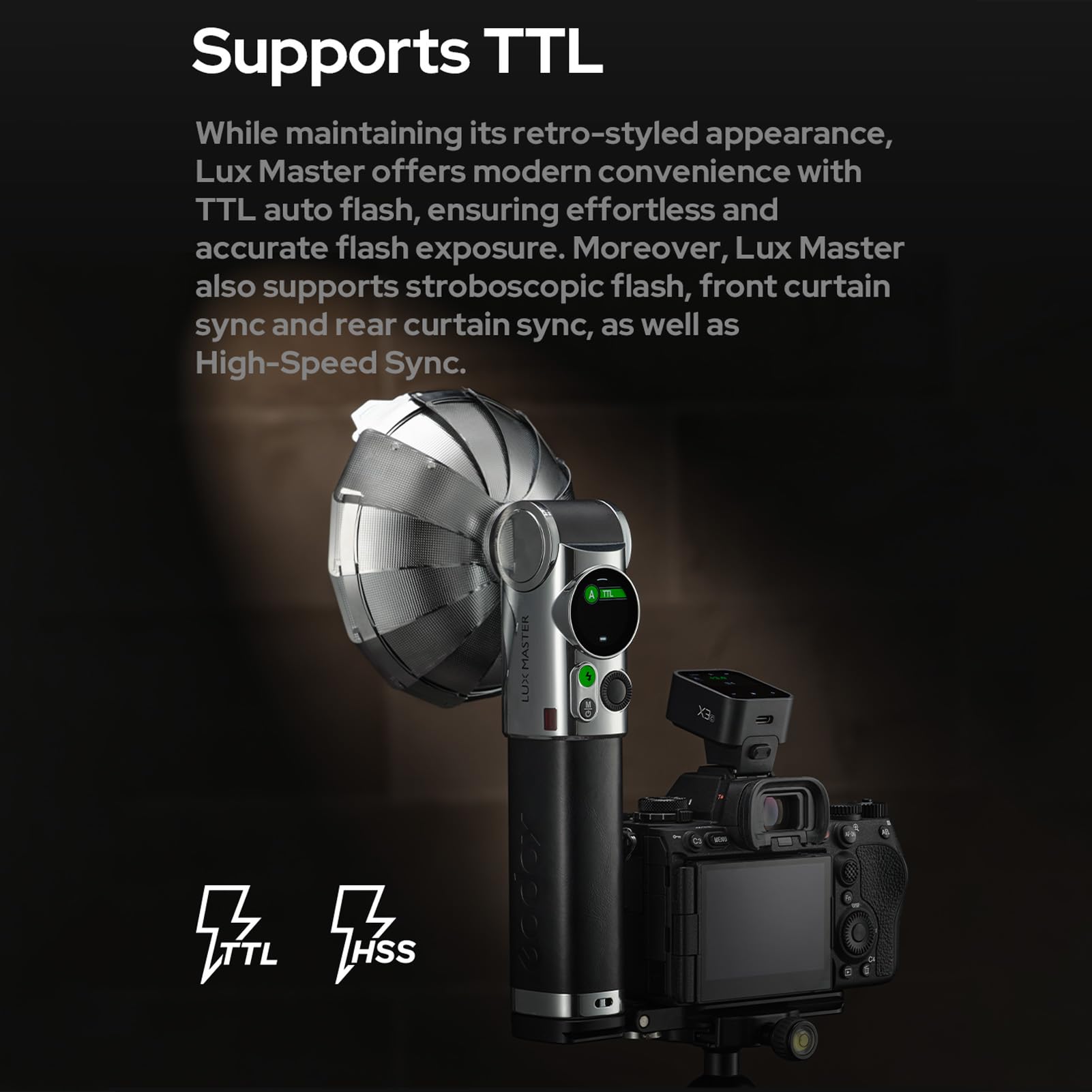 Godox Lux Master Retro-Kamerablitz GN25, Farb-Touchpanel, 2,4G TTL-Autoblitz, HSS, 460 Blitze Volle Leistung mit Blitzhalterung Ersatz für Canon, Nikon, Sony, Fujifilm, Olympus DSLR-Kameras
