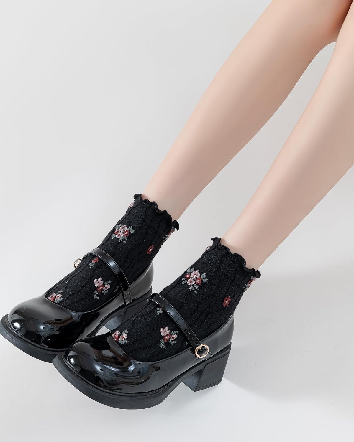 Women‘s Ruffle Ankle Socks,Vintage Patterned,Short Casual Dress Sock,Cute Princess Lettuce Floral Socks 6 Pack - Image 6