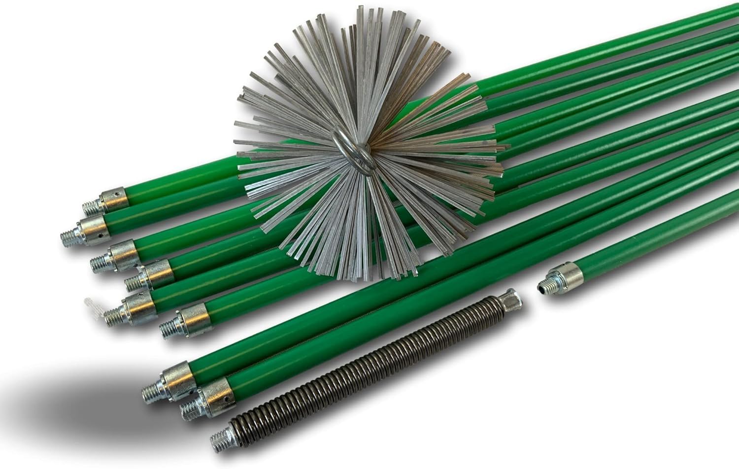 Kibros Kit spazzacamino pro non intubata scovolo acciaio Ø 180 mm 9 aste | Scovolo acciaio piatto, 9 aste verdi cave Ø 18 mm (8×1,4 m + 1×1 m), 12,20 m, canne fumarie non intubate.