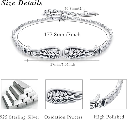 Miniatura 3 de OHAYOO Pulsera de alas de ángel vintage de plata esterlina para mujeres y hombres, pulseras de alas ajustables, pulseras inspiradoras de ángel