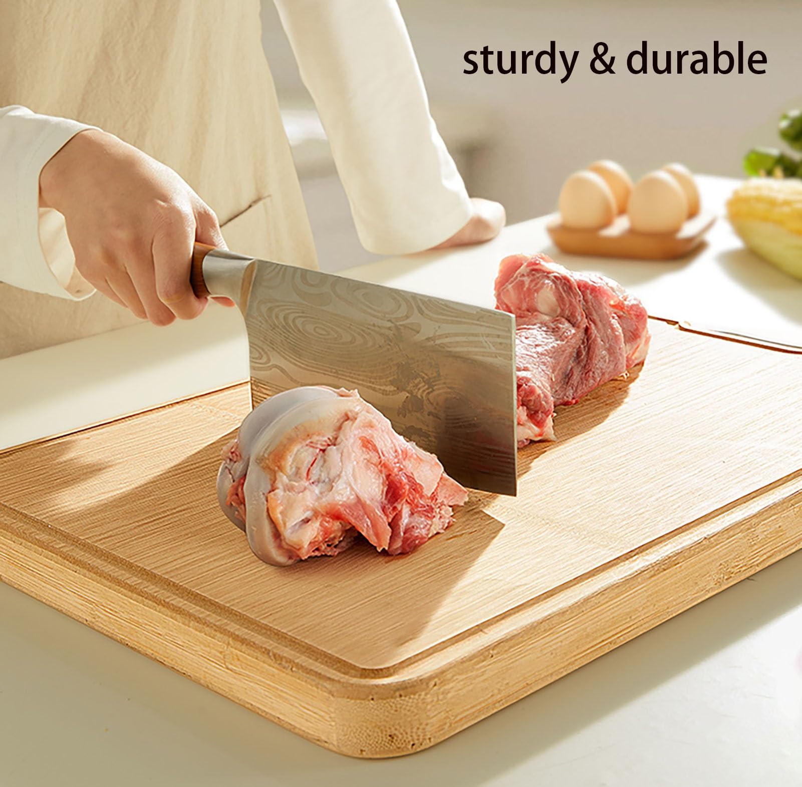 Tabla de cortar de bambú de 3 cm de grosor con mango y ranura for jugo de doble cara, ideal for carnes y frutas, 40 cm, 45 cm/17,7,Tabla de cortar(45cm/17.7in)