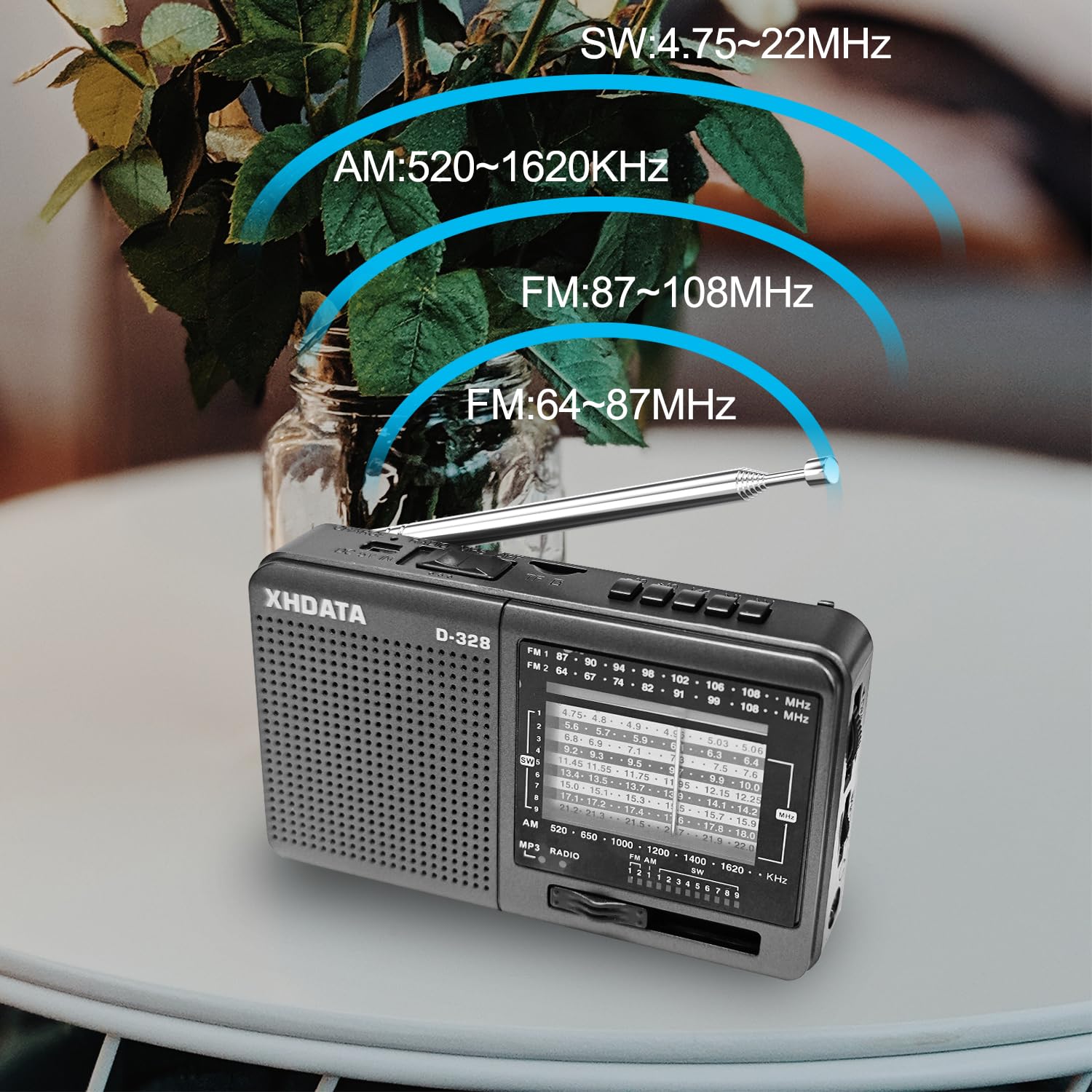 XHDATA D-328 Radio Portatile FM AM SW Vintage Supporto TF Card MP3 Batteria Ricaricabile Grigio