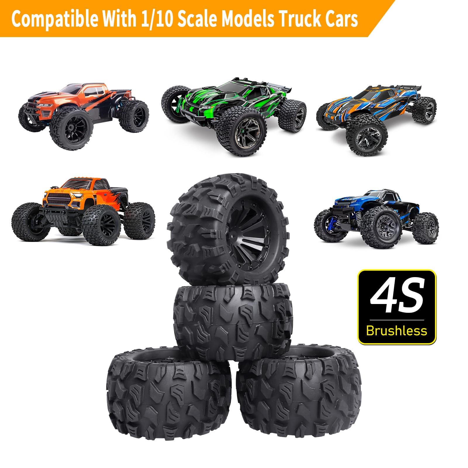 4 Stuks RC-banden 1/10 – 117 Mm – 12mm Hex – Rubber – Voor Traxxas, Arrma, Losi, Redcat, HSP En Meer – Zwarte Velg