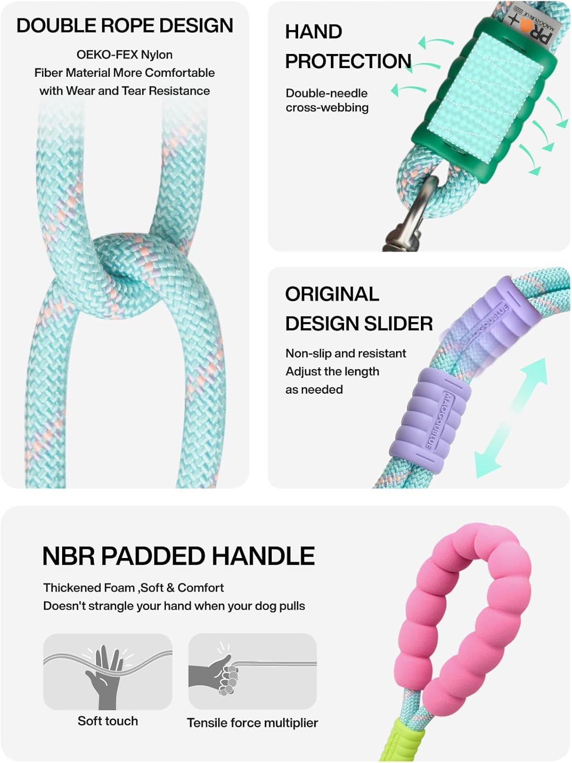 5-in-1 Hands-Free Dog Leash Multifunctional Waist Leash with NBR Padded Handle Adjustable for Crossbody, Waist, No Pull Long Lead 5FT(Plus-Mint Mambo)