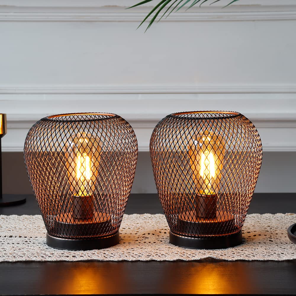 Jhy Design 2Pcs Bronze Diamond Table Lamps Battery Operated, 17Cm High Bedside Lanterns Cage Lighting Cordless Light For Bedroom Home Wedding Party Lounge Indoor Gift Living Room Hallway (Set Of 2, Diamondshape)