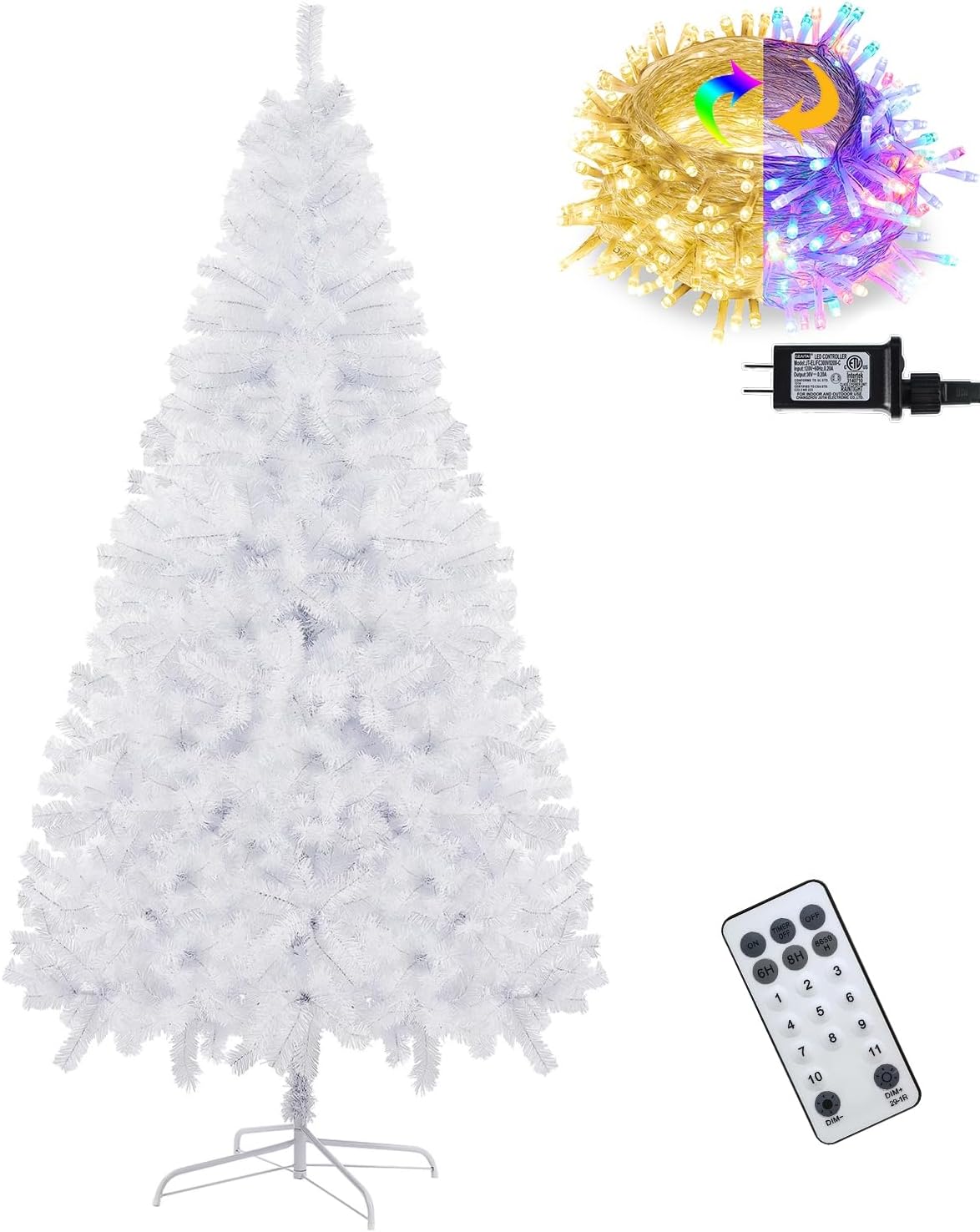 Juegoal 7.5 FT Artificial Christmas Tree (NOT Pre-Strung) with Remote Control, 450 LED Warm White & Multicolor Changing Lights, Fake Xmas Pine Tree with Metal Legs, 1350 Branch Tips, White White 7.5 FT