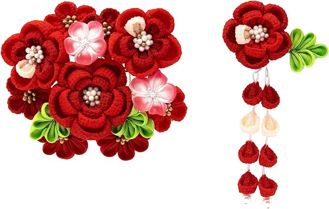 Amazon Co Jp ソウビエン 髪飾り 成人式 卒業式 つまみ細工 ２点セット 赤 レッド 梅 菊 花 フェイクパール コサージュ ぶら飾り コーム 髪留め 卒業式 袴 ヘアアクセサリー ファッション