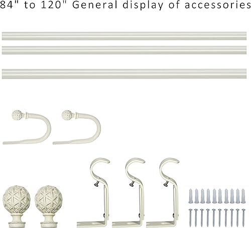 Miniatura 2 de eTeckram Barra de cortina de 1 pulgada con remates de bola geográfica (blanco desgastado, 84 a 120 pulgadas)