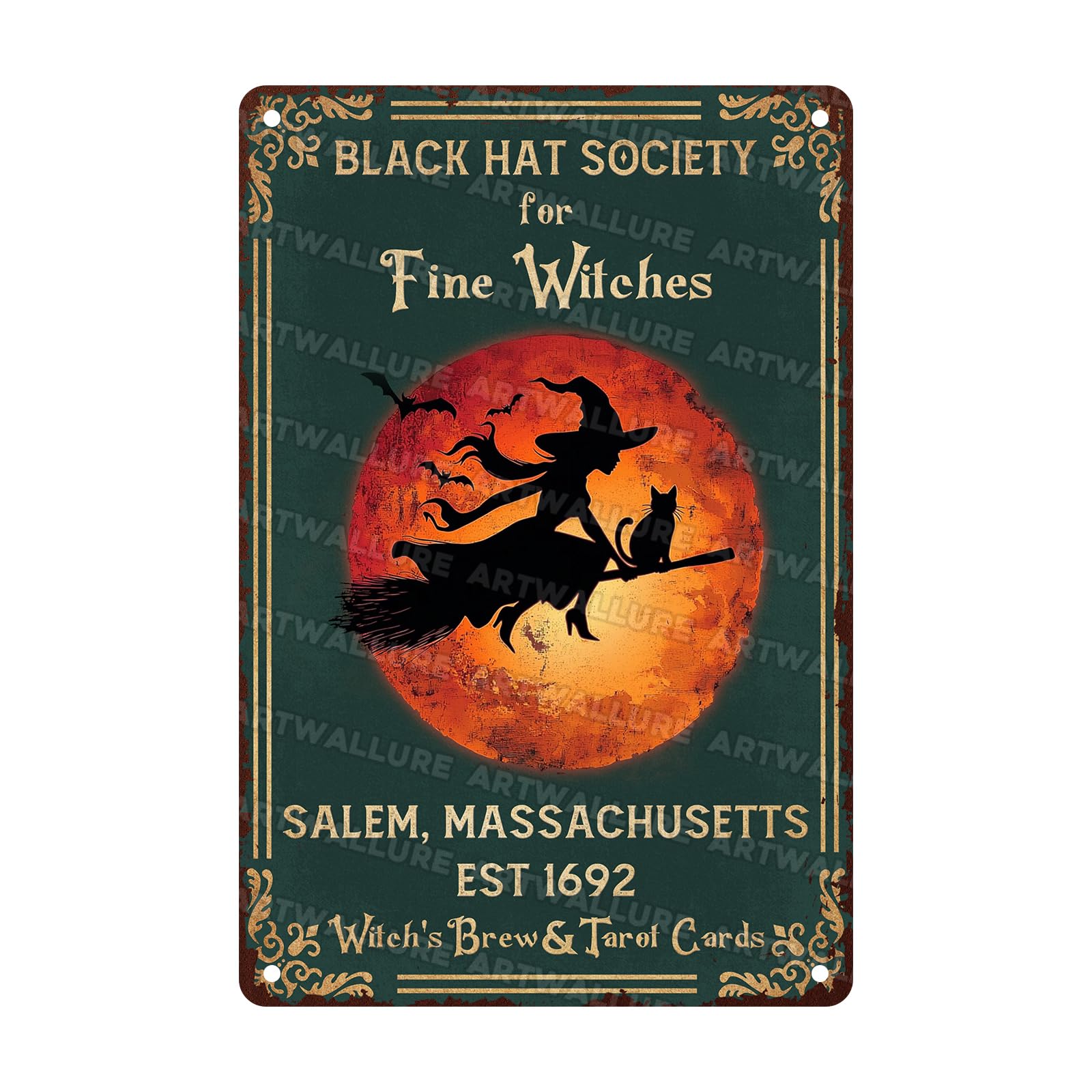 Black Hat Society for Fine Witches Vintage Retro Metal Tin Sign Rustic Wall Decor Witch Halloween Art Metal Plaque for Home Bar Cafe Farmhouse 8x12inch