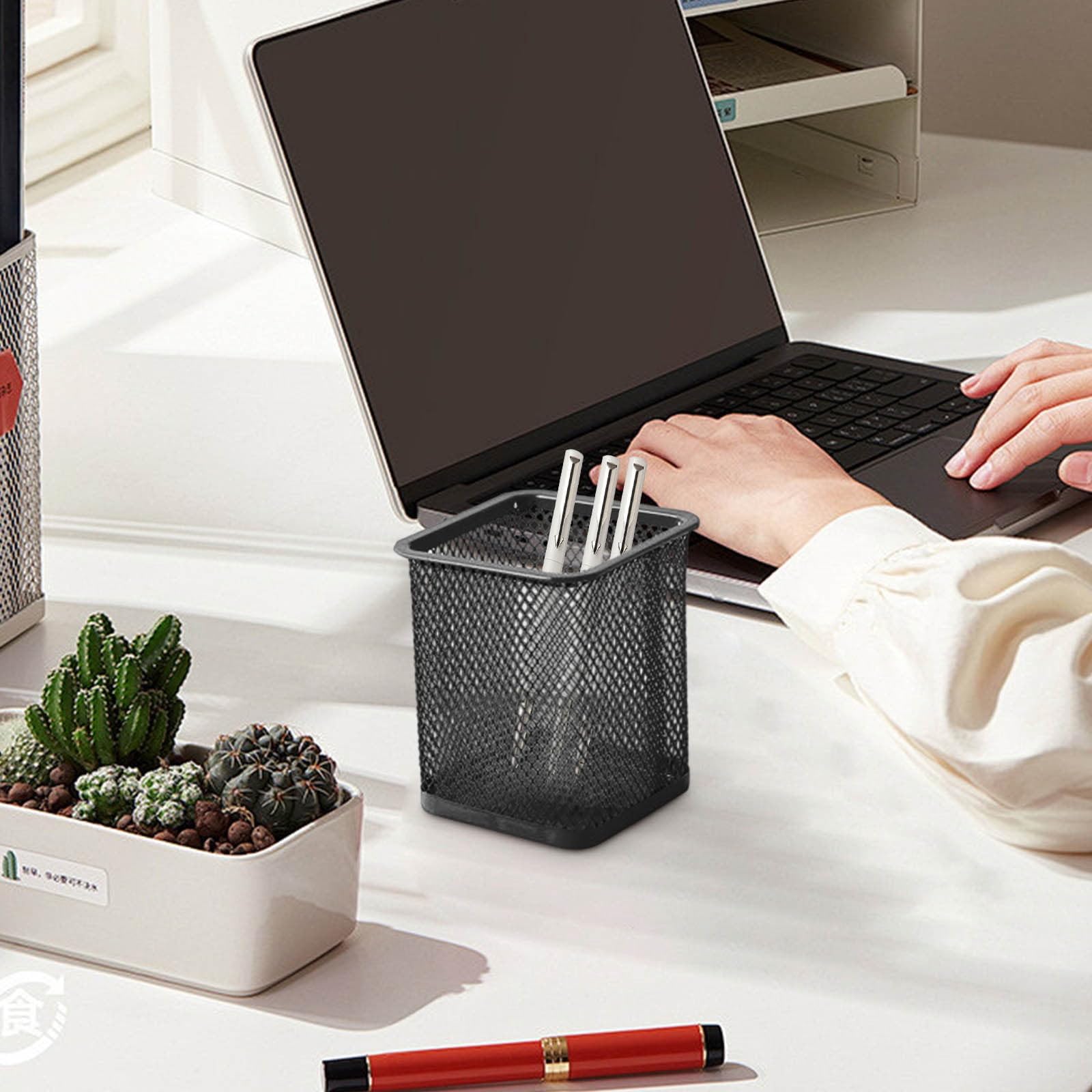 Aryamurti Metal Mesh Pen Holder, Black, Round & Square Cylindrical Design, Anti-Slip Bottom, Desk Organiser for Office Stationery and Sundries (1, Square) 2