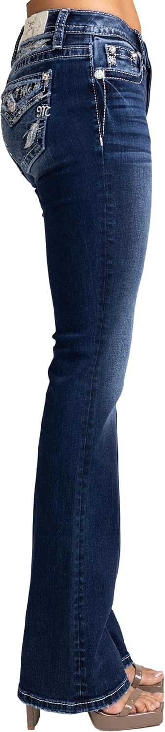 Miss Me Women's Feathered Logo Embellished Faux Flap Pockets Mid-Rise Bootcut Jeans - Image 3