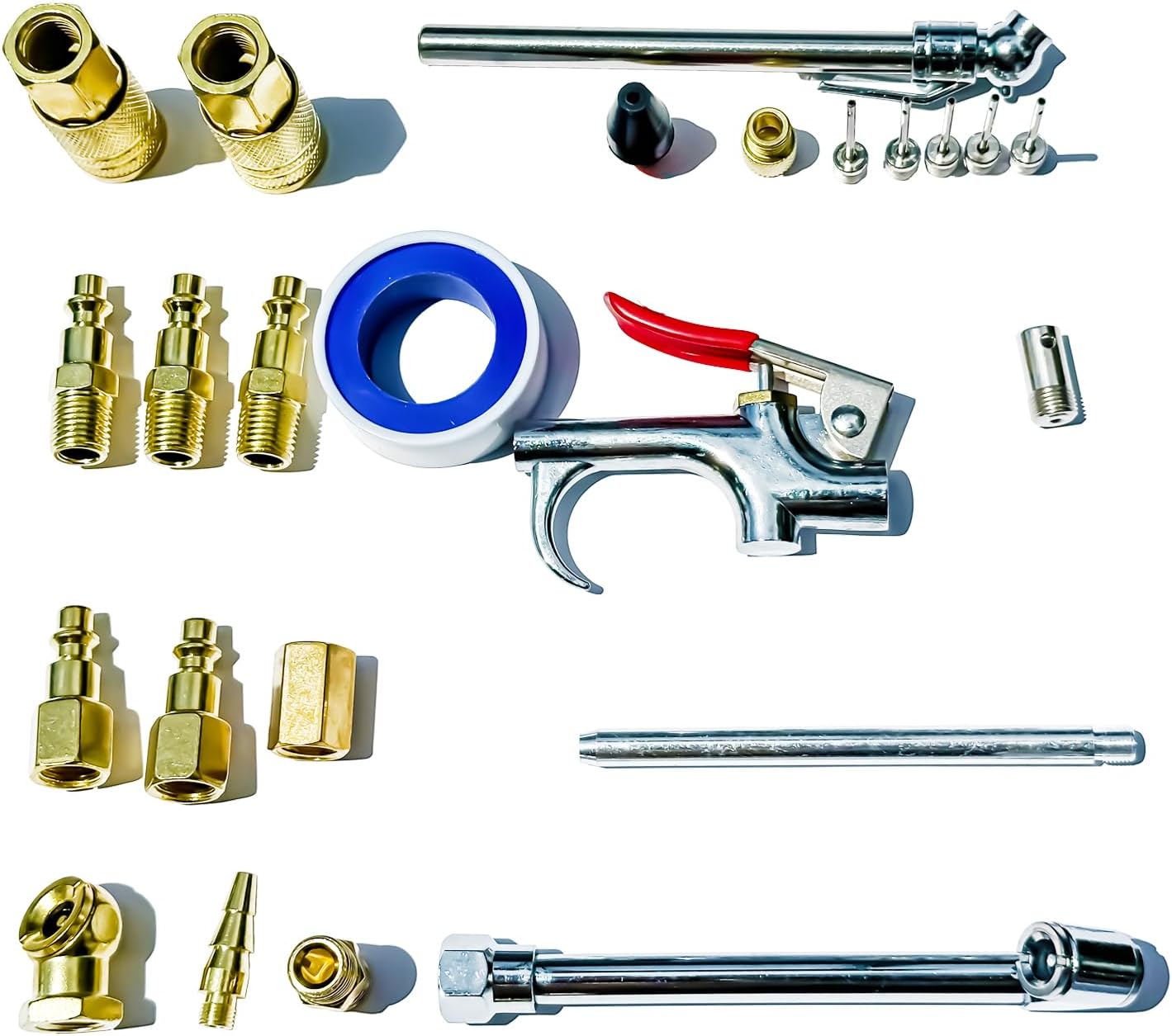 24Pcs Pneumatic Accessory Kit,Pneumatic Blow Gun Parts Set, for Dust Cleaning and Blowing. with 1/4" NPT Quick Connect Coupler, Valve adapters, nozzles, Nipples, inflator Set,etc.