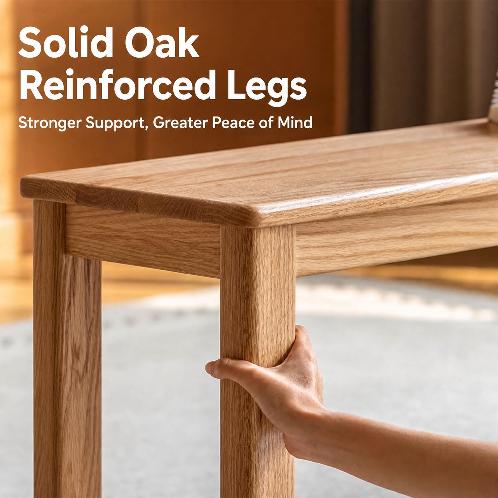 47" Solid Oak Narrow Dining Bench - Natural Finish, for Kitchen & Dining Room, Space-Saving Wooden Seat for Entryway, Bedroom, and Hallway