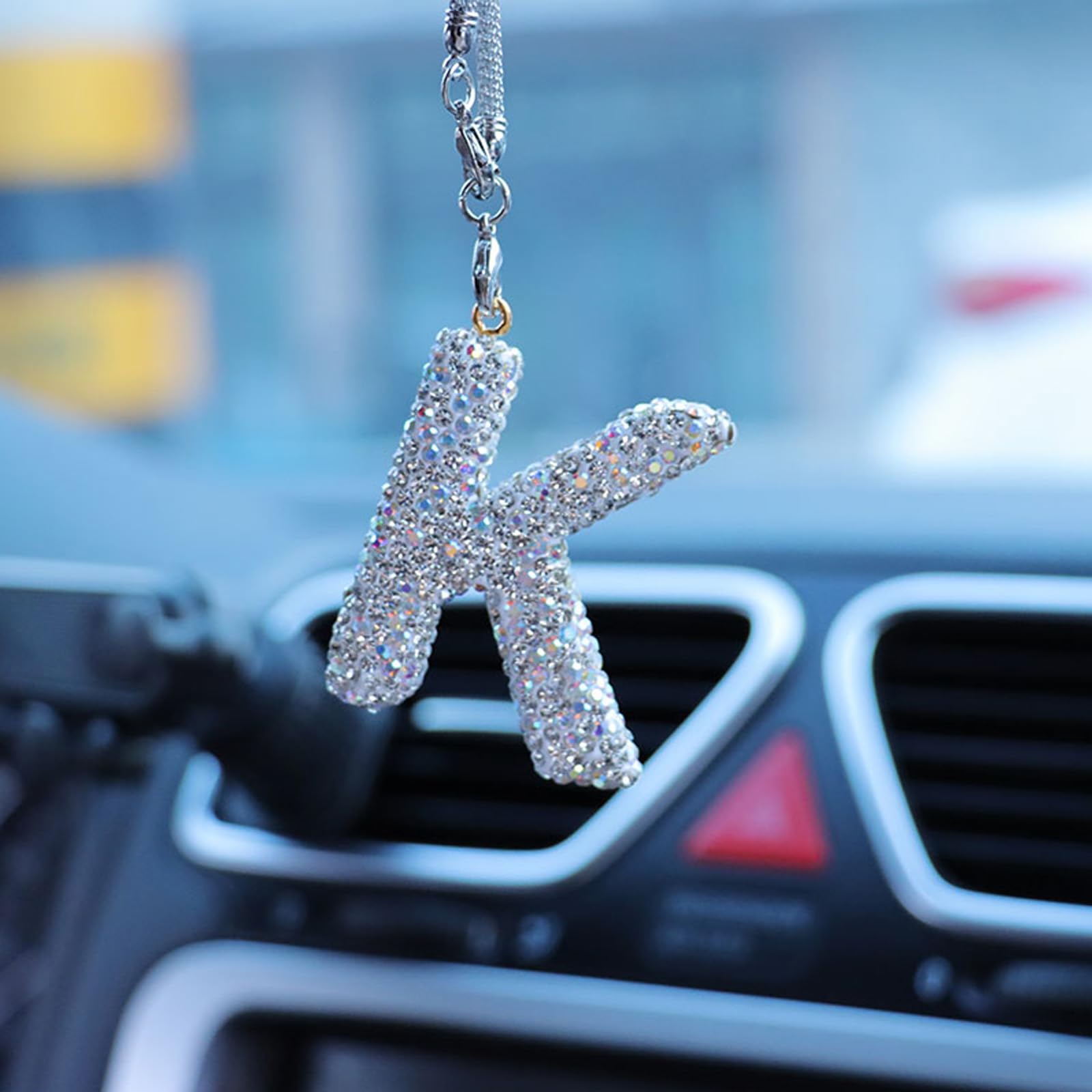 Plorede Women's White K Bling Car Letter Charm, Car Rear View Mirror Ornament, Diamond Car Accessories, Rhinestone Auto Mirror Hanging Decor For Rearview Mirror Accessories (White K)