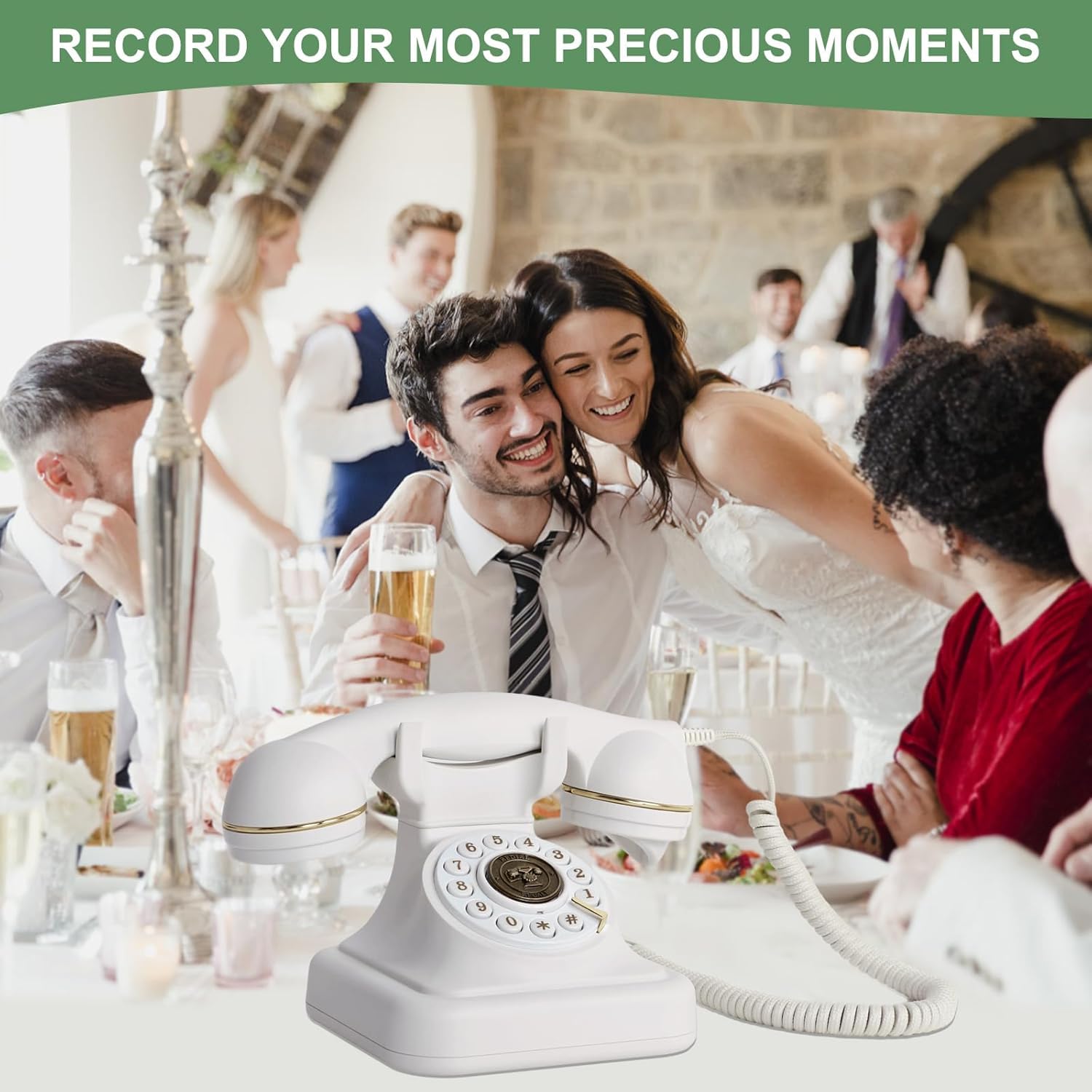 RDYMONKEY Audio-Gästebuch Hochzeit, Retro-Telefon für persönliche Sprachnachrichten, Gästebuch Alternative für Hochzeiten, Partys & Geburtstage, 8GB Speicher (Weiß)