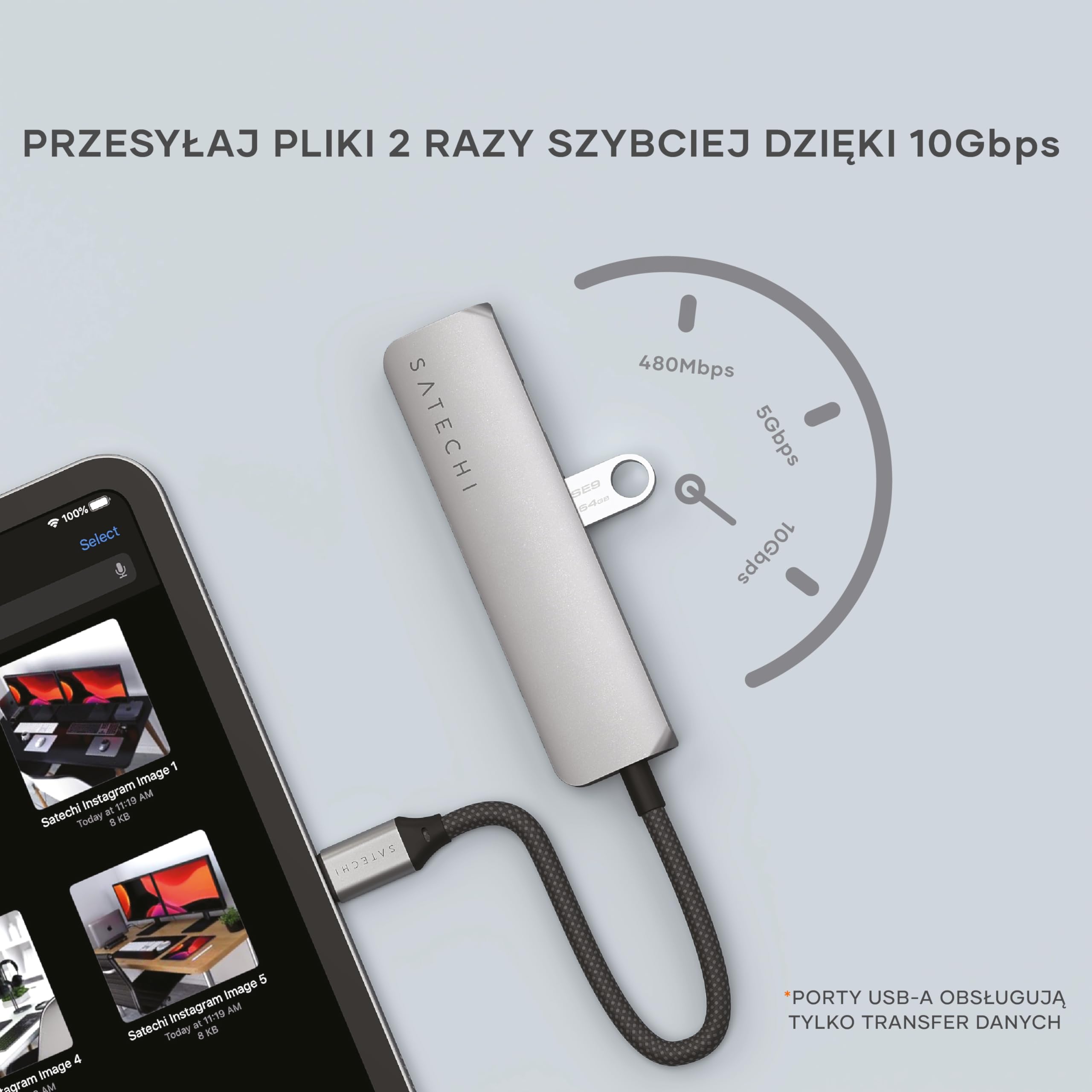 SATECHI hub USB-C Slim Plus 4 w 1, gwiezdna szarość | PD 100 W, HDMI 4K@60 Hz i 2 porty USB-A 10 Gb/s do MacBooka Air/Pro/Neo; zgodność z komputerami z Windows