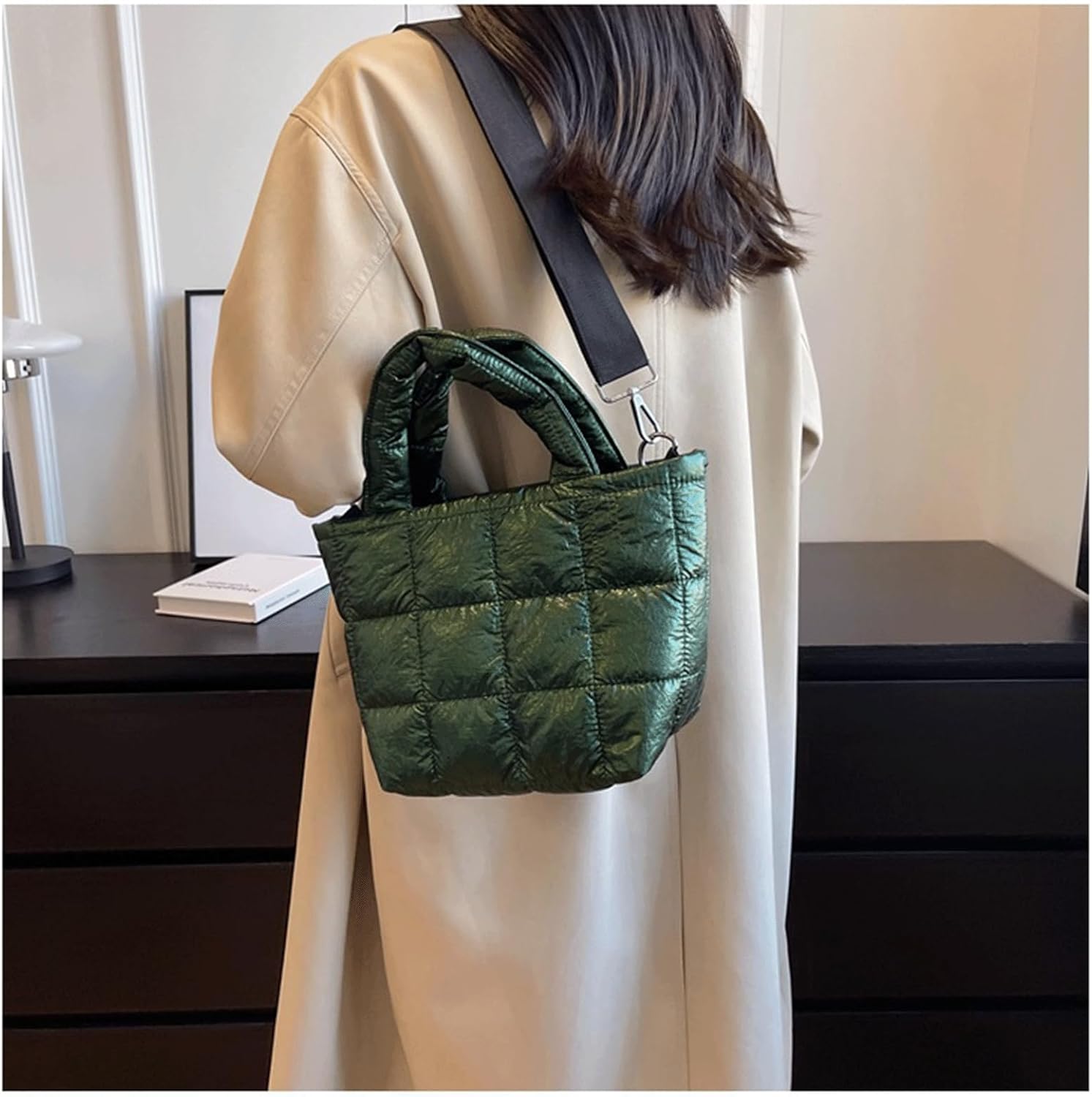 Puffer Tote Bag with Pendant Quilted Shoulder Bags for Women Lightweight Handbag Puffy Cross Body Bags