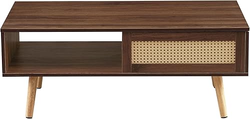 Miniatura 63 de IANIYA Mesa de centro bohemia con almacenamiento, mesa de comedor con cajón de ratán y patas de madera maciza, mesas centrales pequeñas para sala de