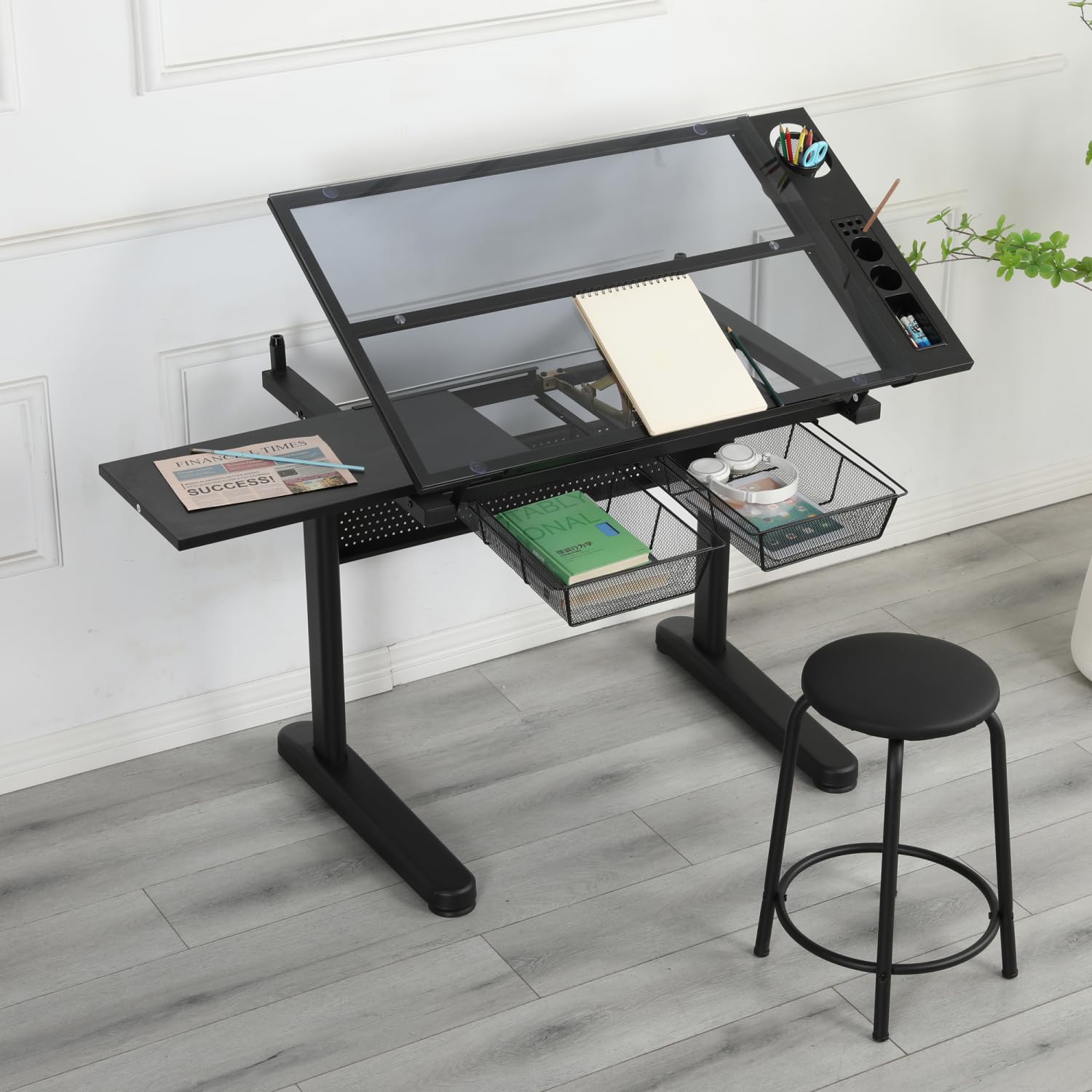 Drawing Desk with Adjustable Height 75-105cm & Tilting Top for Drafting & Design (Black)