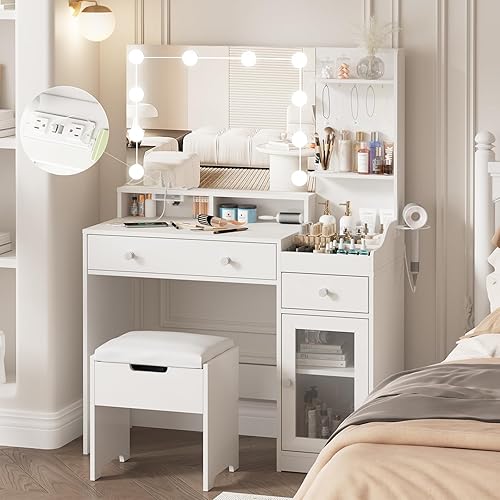 Vabches Vanity with Mirror and Lights, Makeup Vanity Table with Charging Station, Cute Vanity Set with Comfortable Bench, Dressing Table with 3