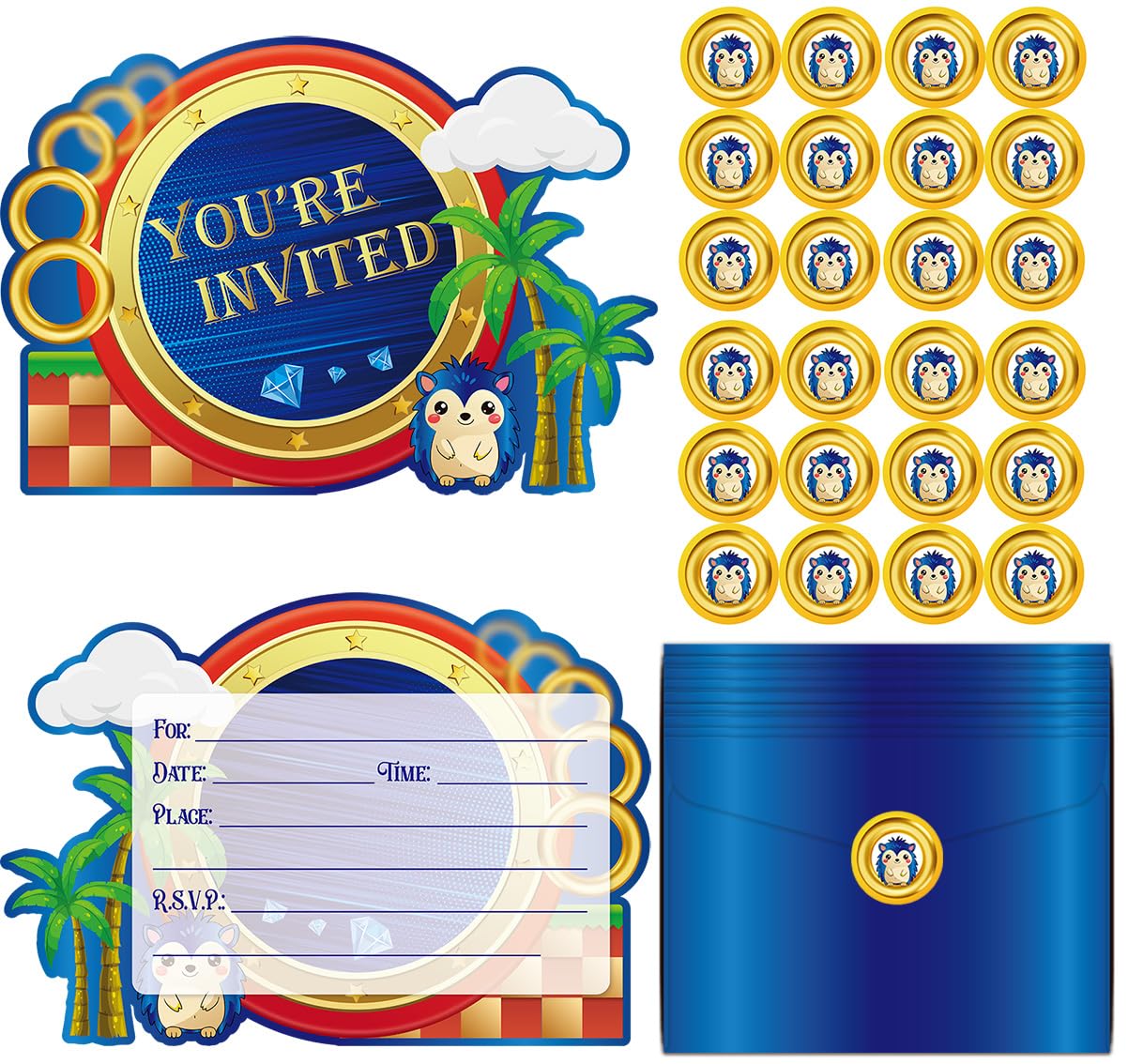 GZDUCK 20Pcs Hedgehog Birthday Invitations- Blue Hedgehog Invitations for Boys, Funny Greeting Cards, Cute Animal Birthday Party Invitations With Sticker Labels 20 Envelope Gifts for Boys Girls