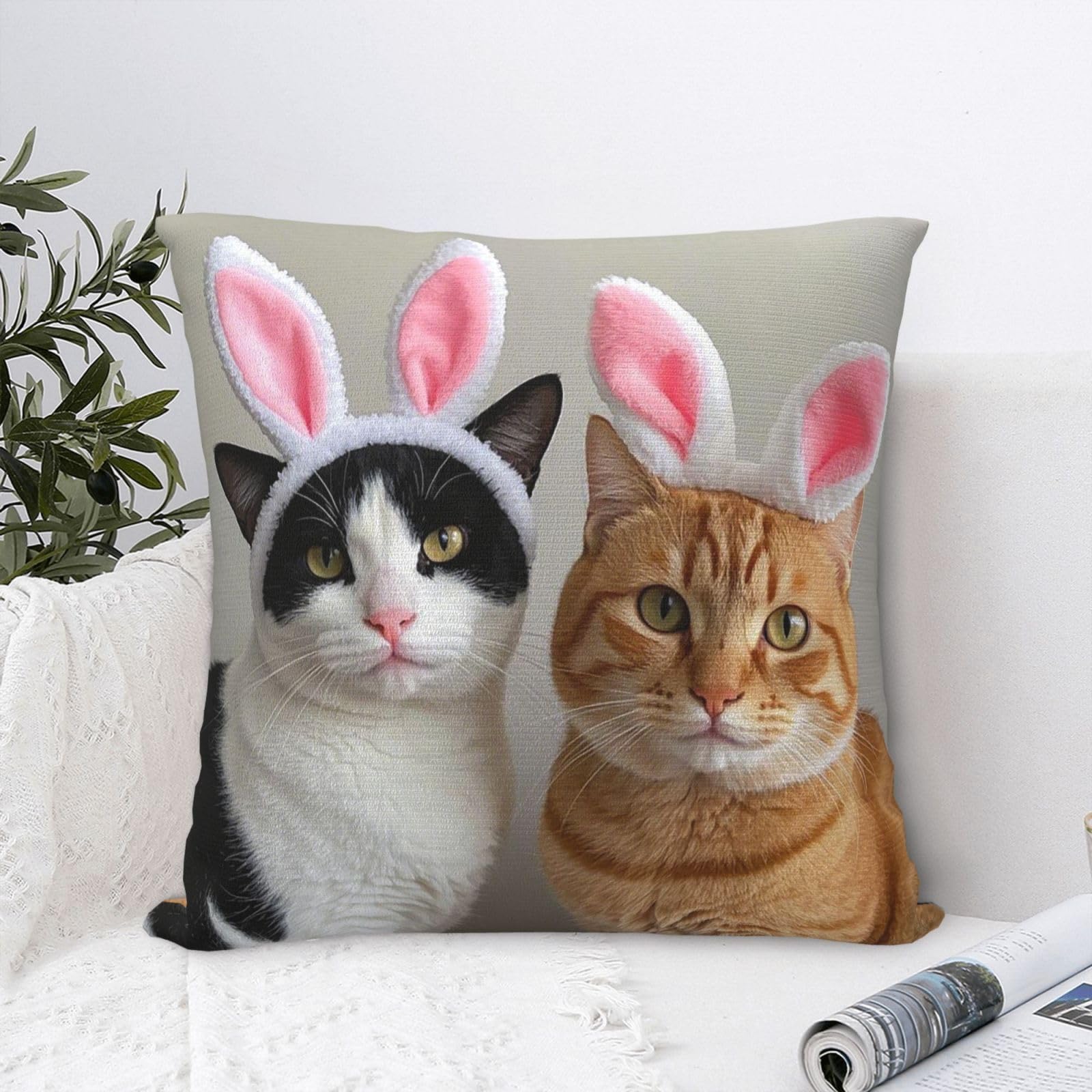 Luxury Velvet Throw Pillow Covers 18"x18" Super Soft Decorative Pillow Cases - Cow cat and ginger cat wearing bunny ears Pillowcases Modern Lumbar Cushion Cases for Couch Sofa Bed Pillow Shams