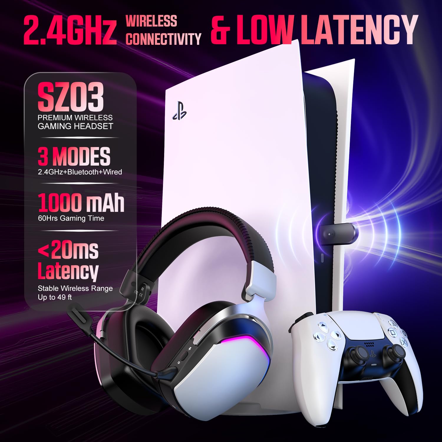 Wireless Gaming Headset for PS5 PS4 PC Mac Switch, RGB Headphones with 7.1 Surround Sound, Bluetooth 5.4, 60H Battery, Noise Canceling Mic & 50mm Drivers - 3